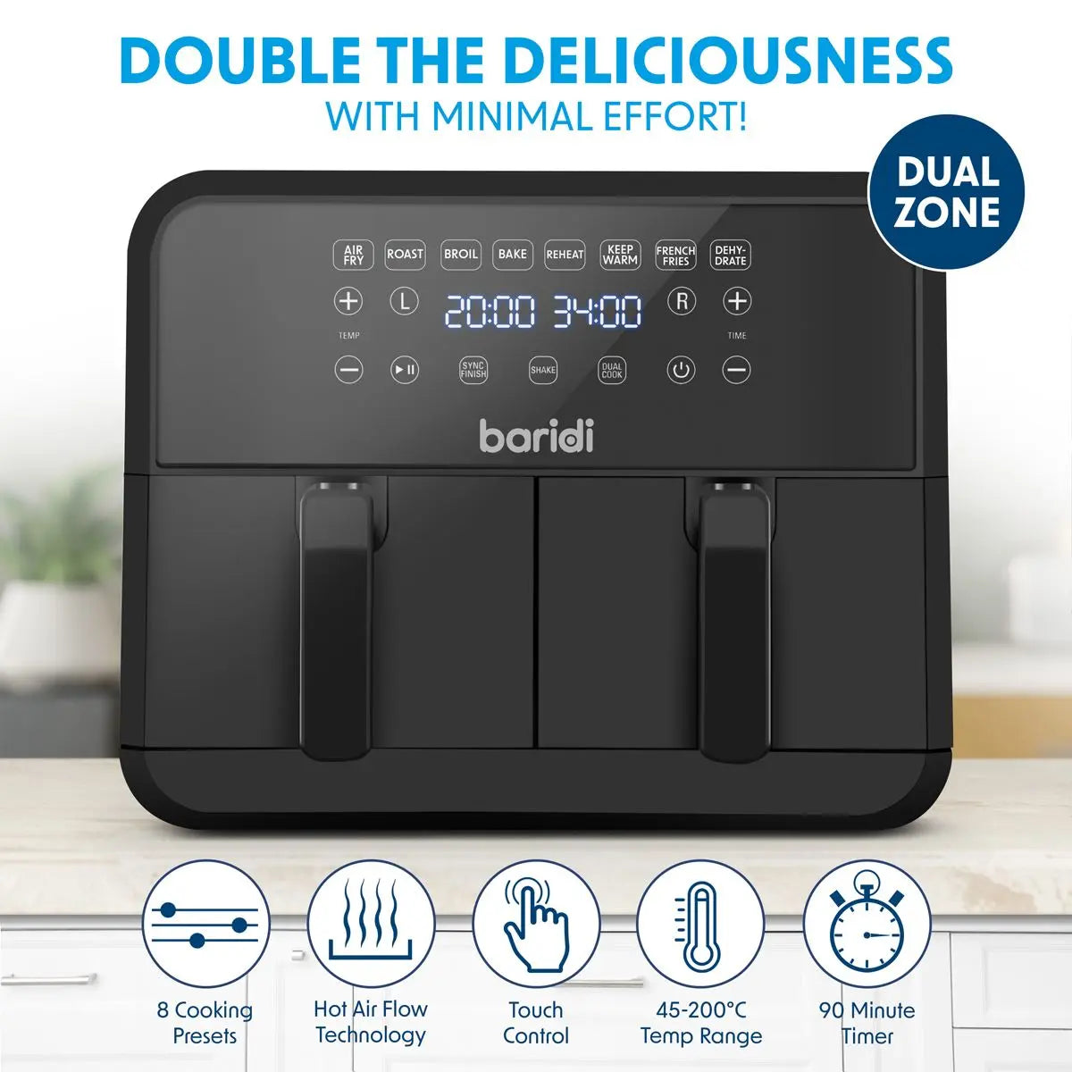 Baridi Dual Zone Air Fryer 8L with 8-in-1 Functions Touch Controls, Easy-Clean, Black - DH172  White Rose Tools