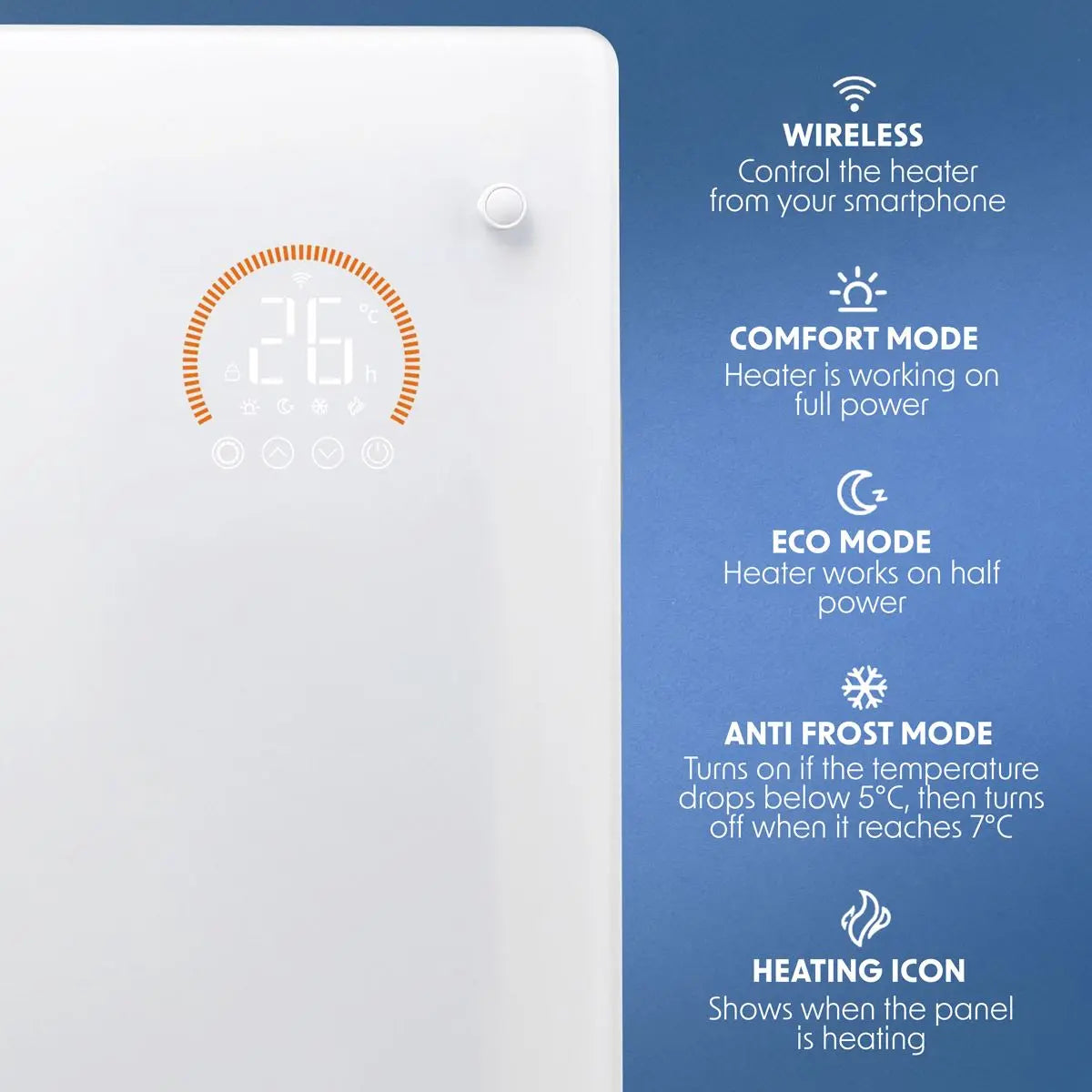 Baridi Electric Glass Panel Heater, 1500W, Thermostat Controlled 24Hr 7 Day Timer, Wi-Fi Enabled, Remote Control, White  White Rose Tools