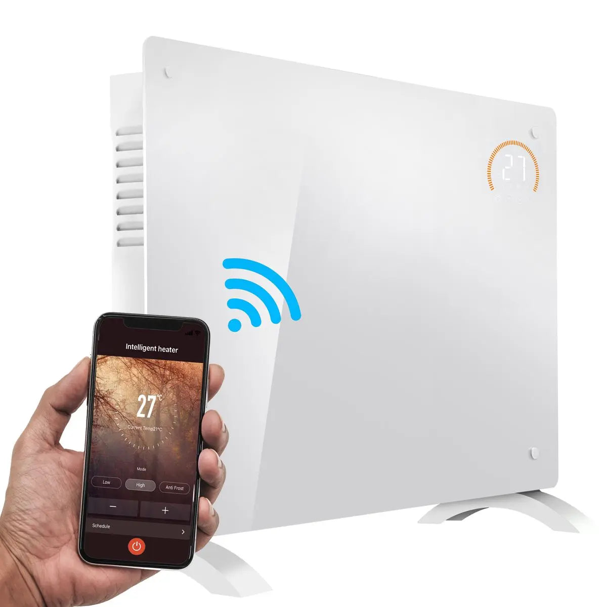 Baridi Electric Glass Panel Heater, 2000W, Thermostat Controlled 24Hr 7 Day Timer, Wi-Fi Enabled, Remote Control, White  White Rose Tools