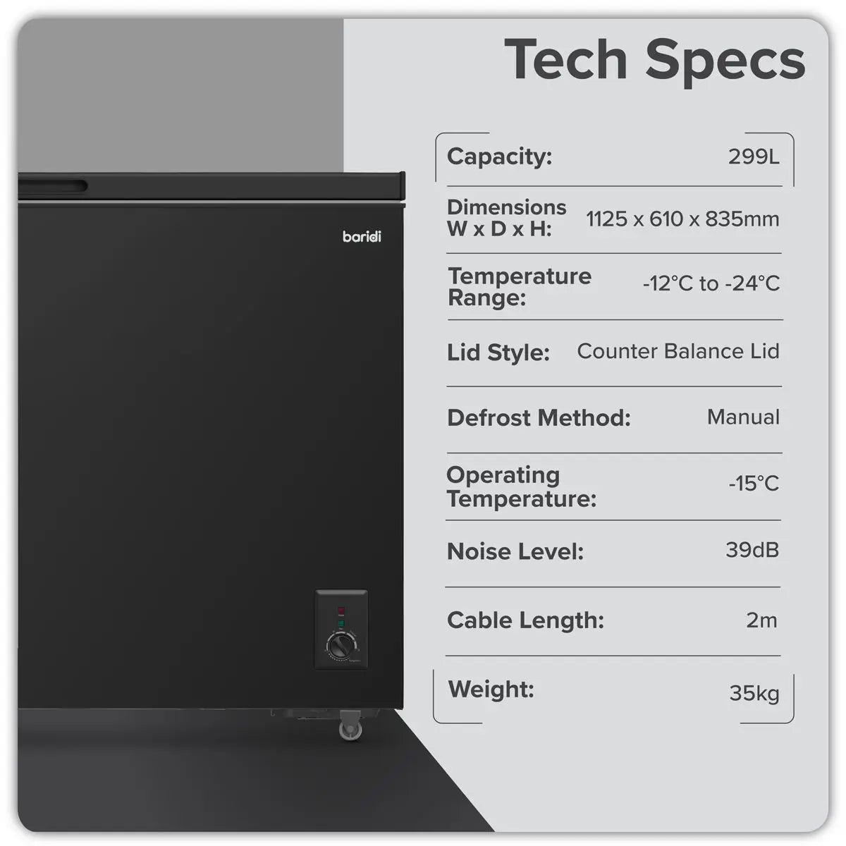 Baridi Freestanding Chest Freezer 299L Capacity - Black White Rose Tools