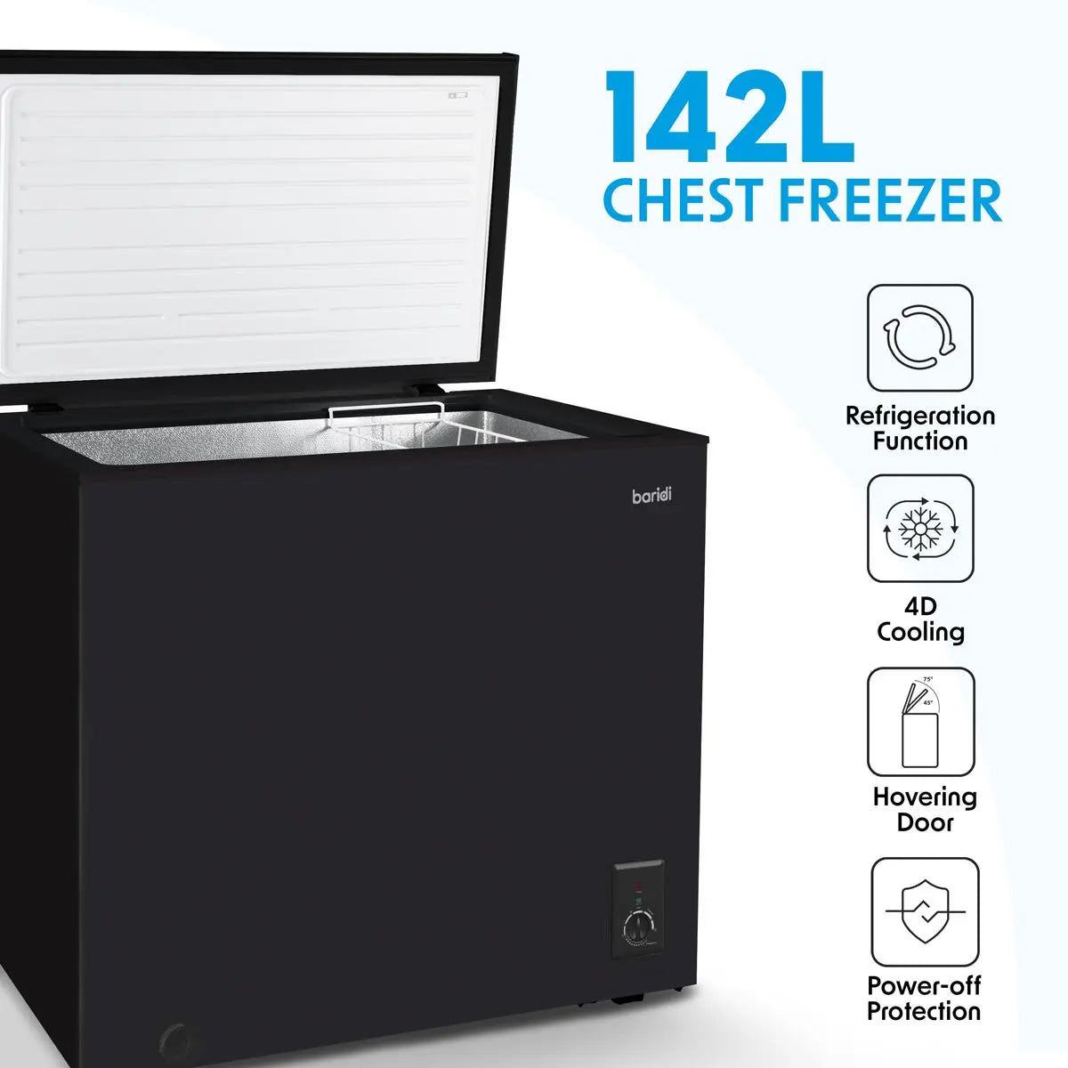 Baridi Freestanding Chest Freezer, 142L Capacity, Garages and Outbuilding Safe, -12 to -24°C Adjustable Thermostat with Refrigeration Mode, Black  White Rose Tools