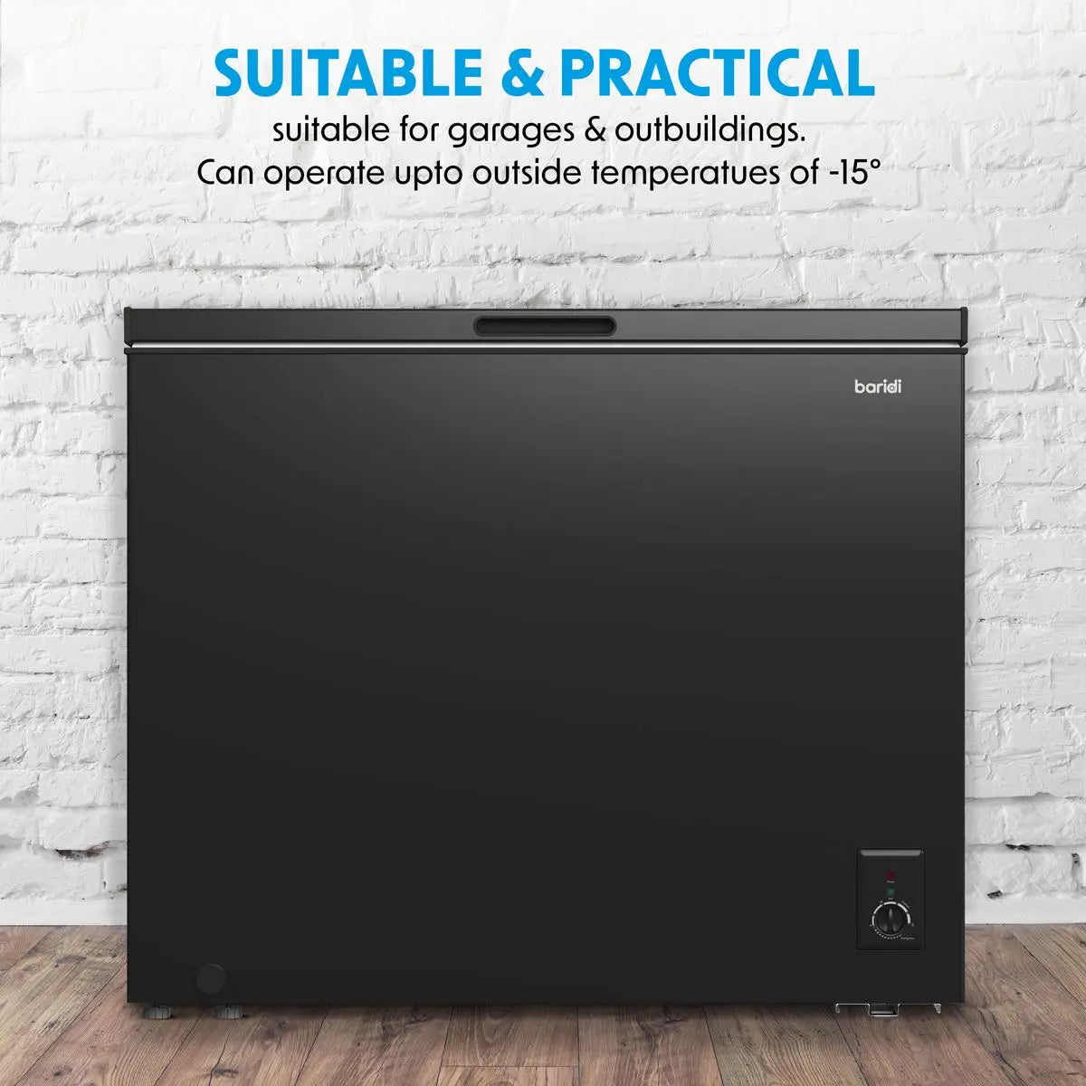 Baridi Freestanding Chest Freezer, 199L Capacity, Garages and Outbuilding Safe, -12 to -24°C Adjustable Thermostat with Refrigeration Mode, Black  White Rose Tools