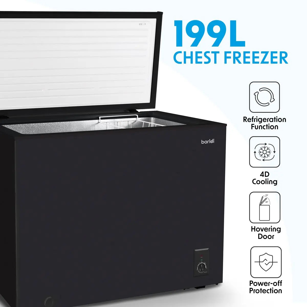 Baridi Freestanding Chest Freezer, 199L Capacity, Garages and Outbuilding Safe, -12 to -24°C Adjustable Thermostat with Refrigeration Mode, Black  White Rose Tools