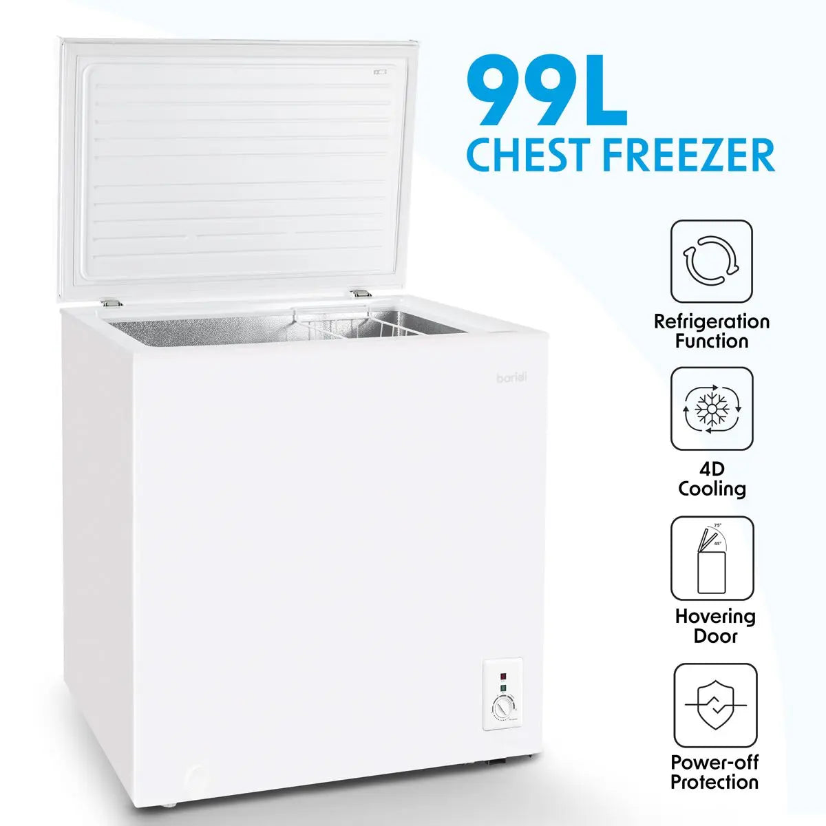 Baridi Freestanding Chest Freezer, 99L Capacity, Garages and Outbuilding Safe, -12 to -24°C Adjustable Thermostat with Refrigeration Mode, White  White Rose Tools