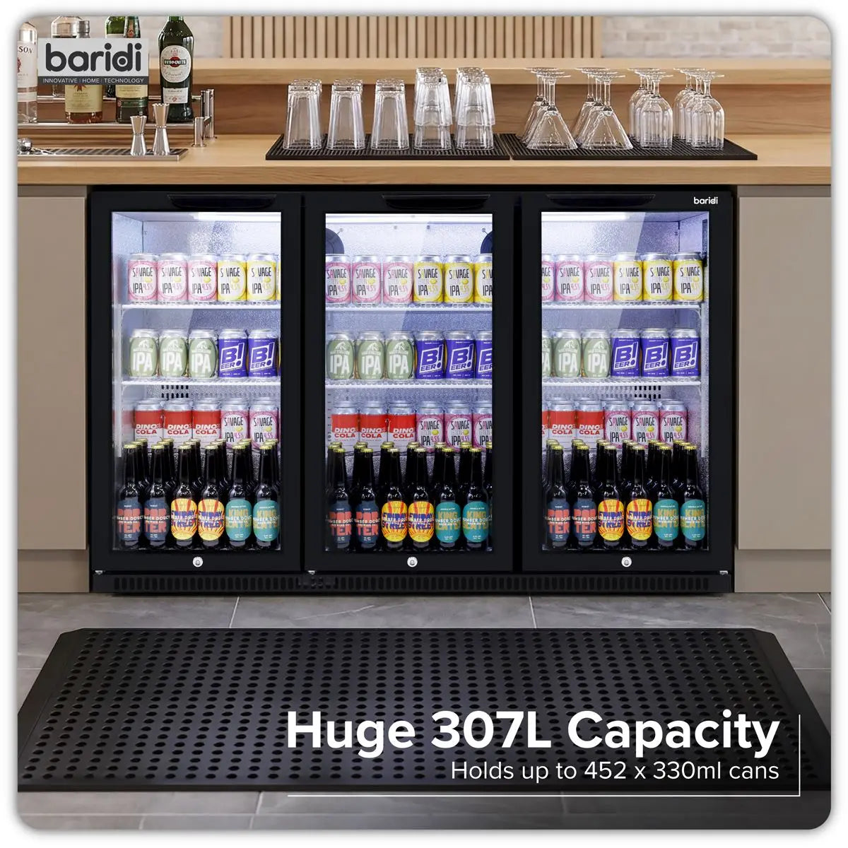 Baridi Hinged Triple Door, Back Bar Drinks Fridge/Cooler, 307L Capacity White Rose Tools