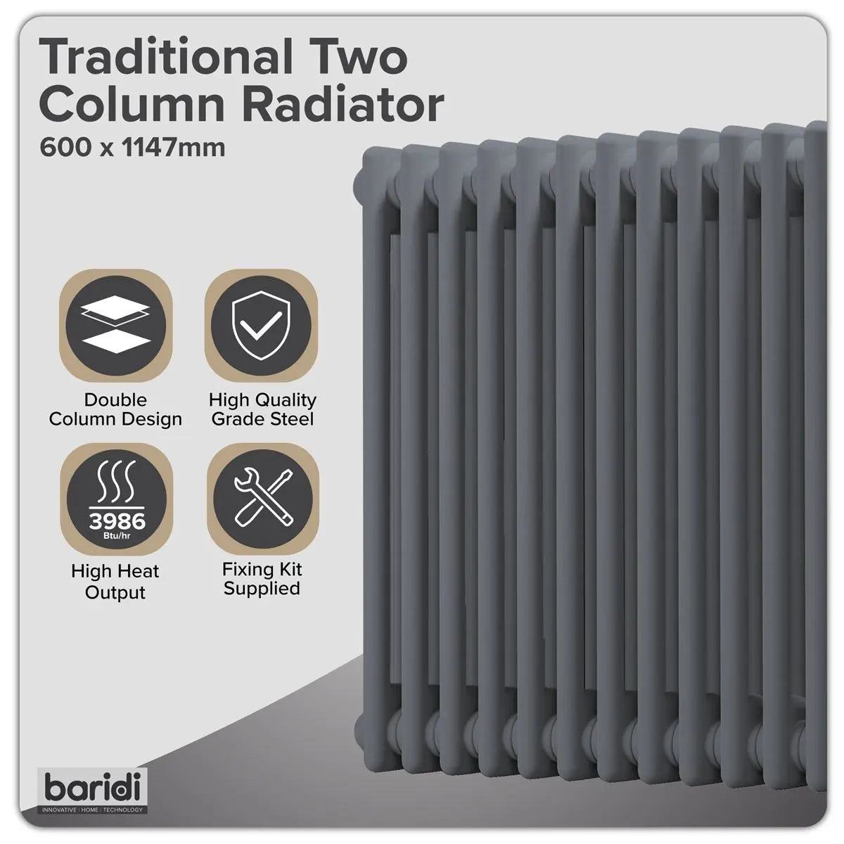 Baridi Horizontal Traditional 2 Column Radiator 600 x 1147mm – Anthracite White Rose Tools