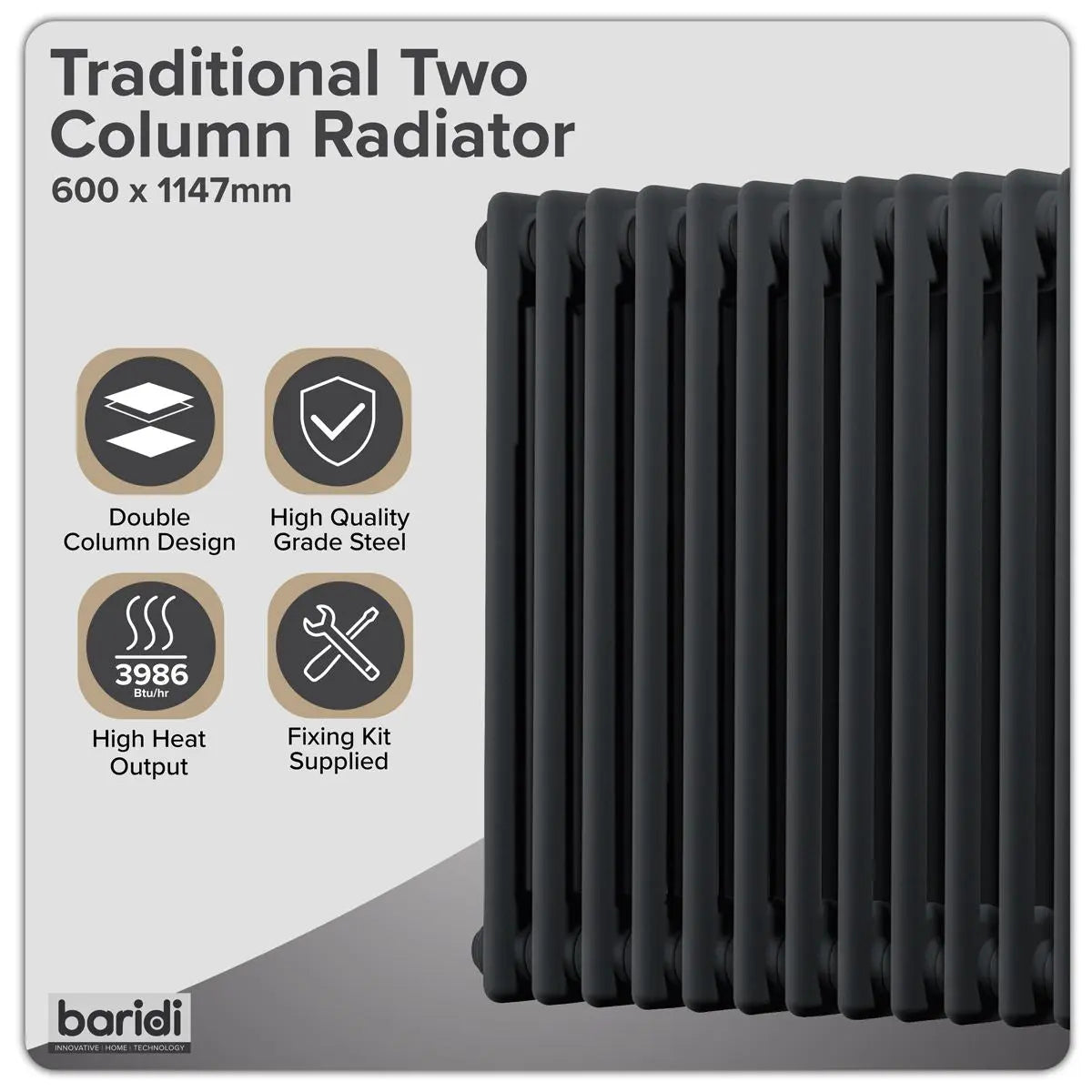 Baridi Horizontal Traditional 2 Column Radiator 600 x 1147mm – Black White Rose Tools