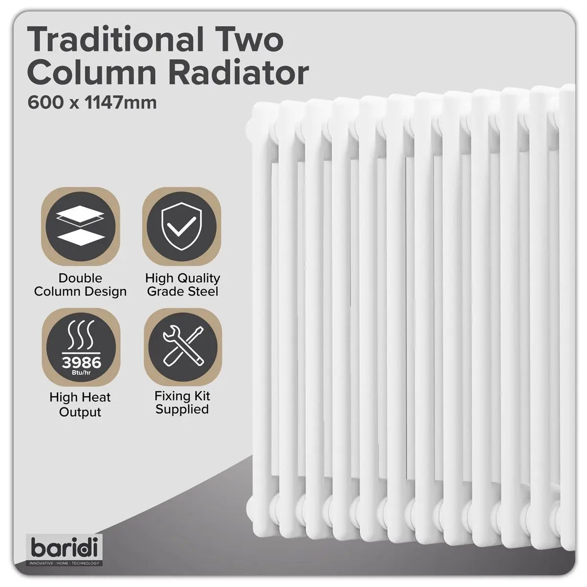 Baridi Horizontal Traditional 2 Column Radiator 600 x 1147mm – White White Rose Tools
