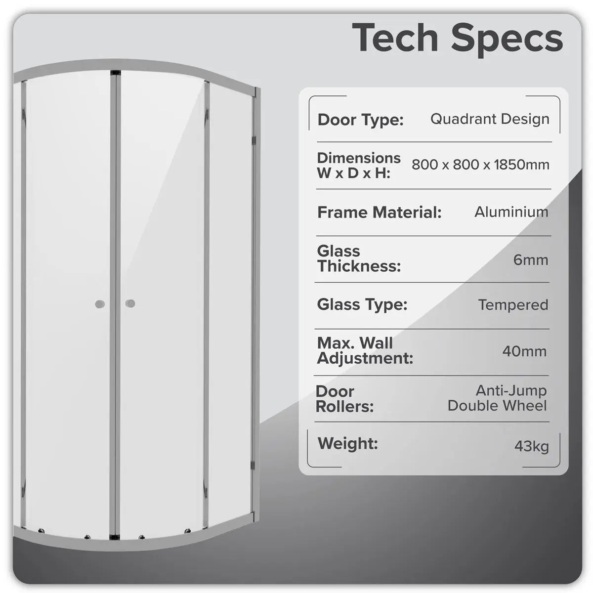 Baridi Quadrant Shower Entry Enclosure 800 x 800 x 1850mm with 6mm Tempered Glass - Chrome White Rose Tools