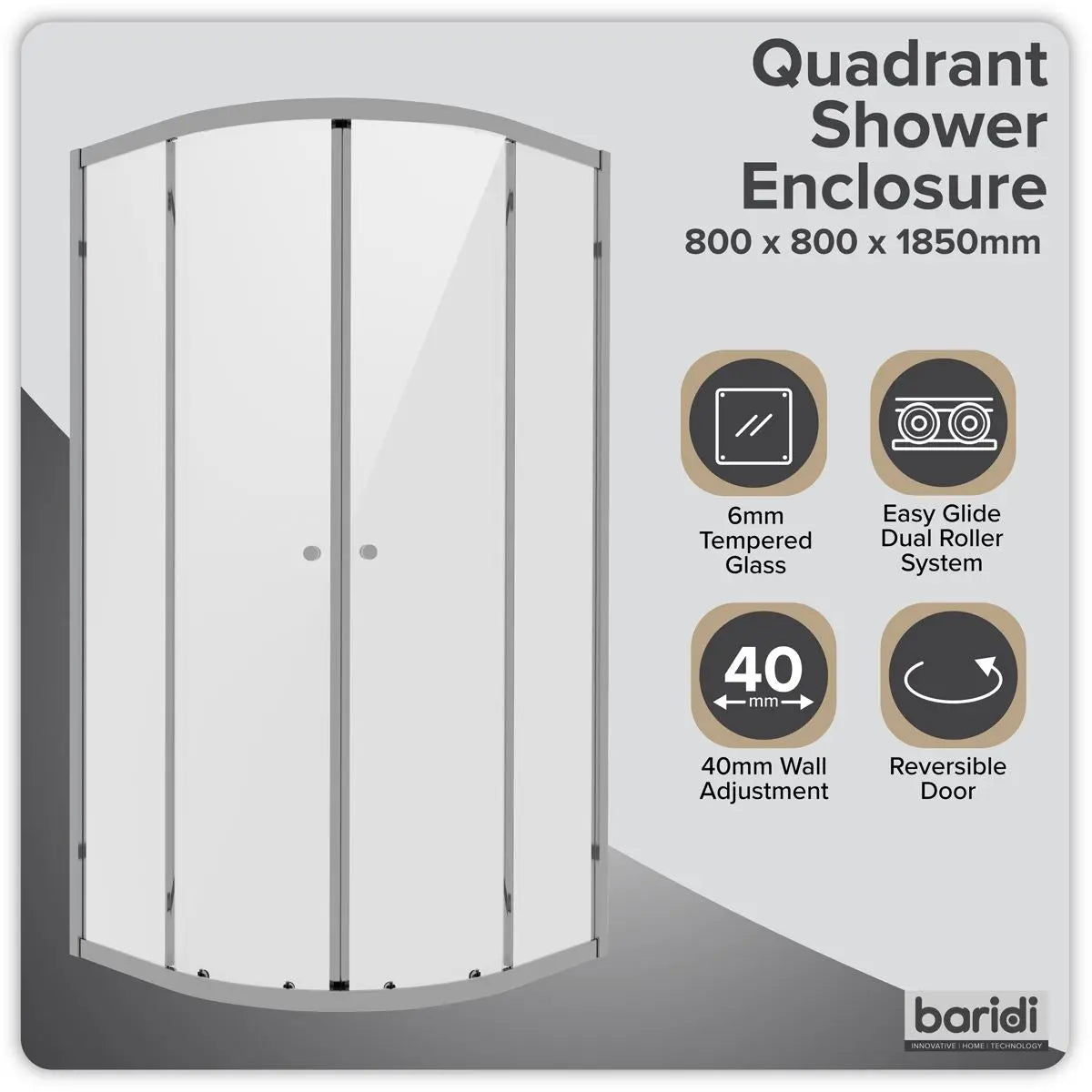 Baridi Quadrant Shower Entry Enclosure 800 x 800 x 1850mm with 6mm Tempered Glass - Chrome White Rose Tools
