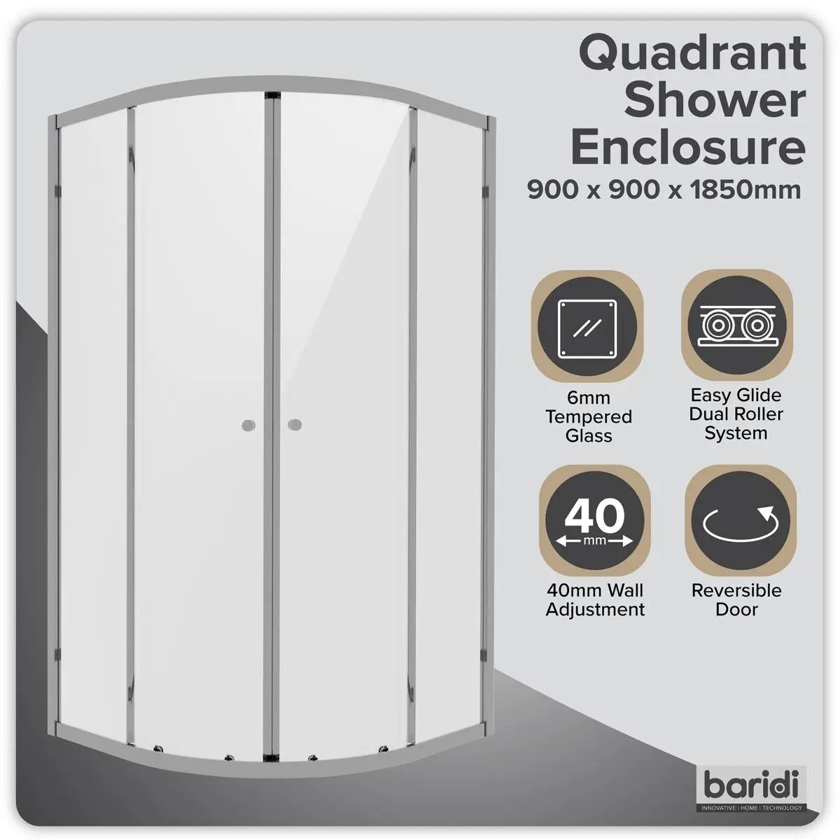Baridi Quadrant Shower Entry Enclosure 900 x 900 x 1850mm with 6mm Tempered Glass - Chrome White Rose Tools
