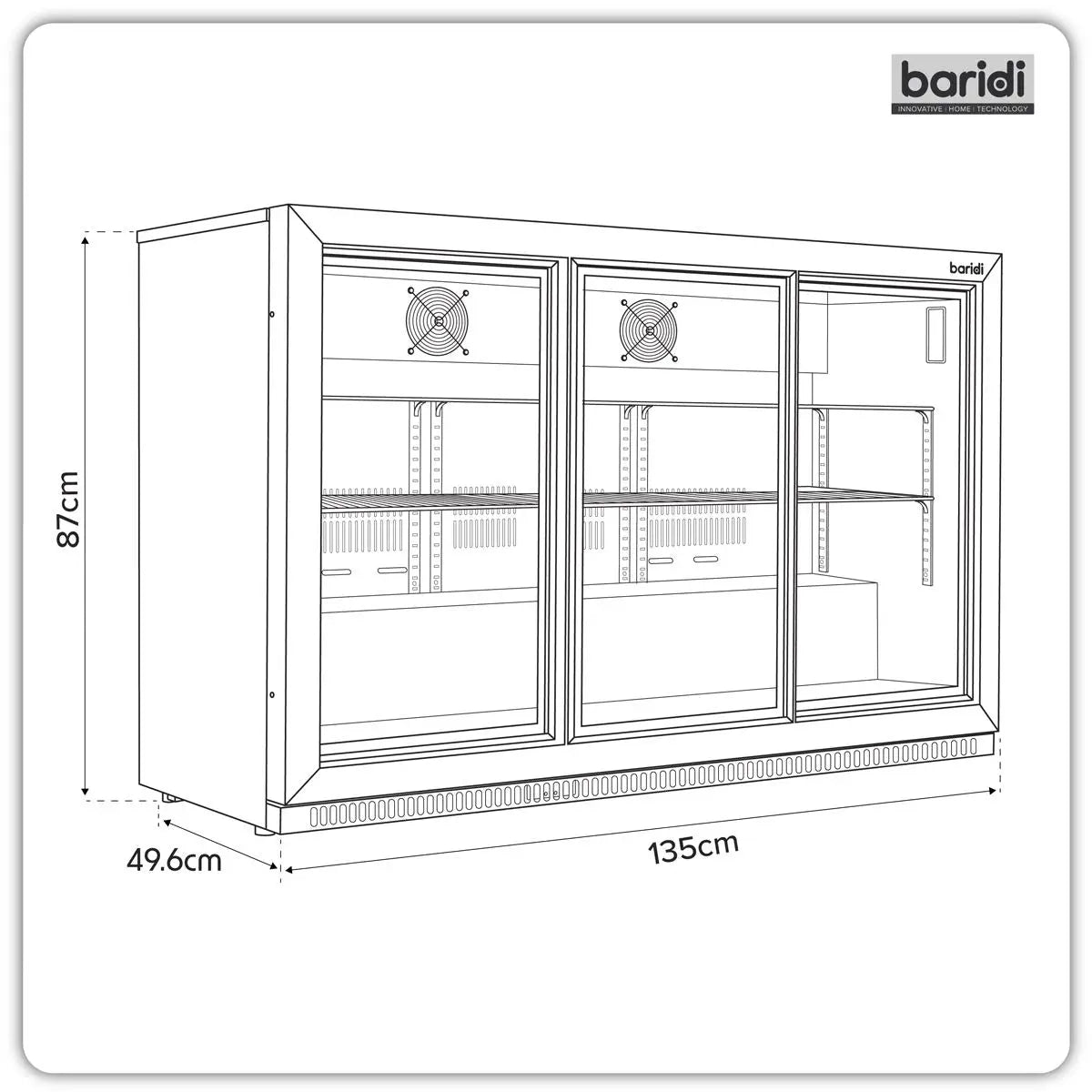 Baridi Sliding Triple Door, Back Bar Drinks Fridge/Cooler, 307L Capacity White Rose Tools