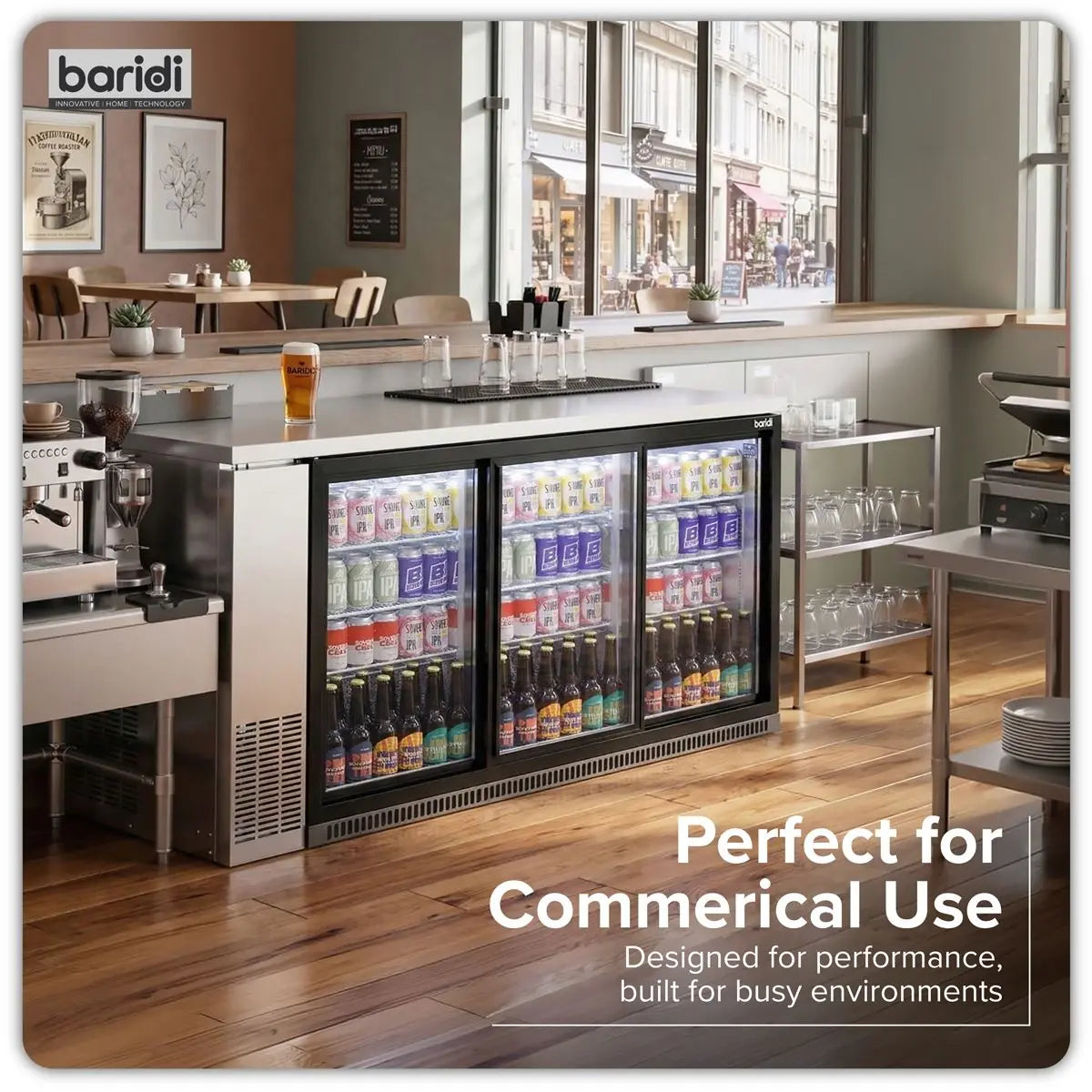 Baridi Sliding Triple Door, Back Bar Drinks Fridge/Cooler, 307L Capacity White Rose Tools