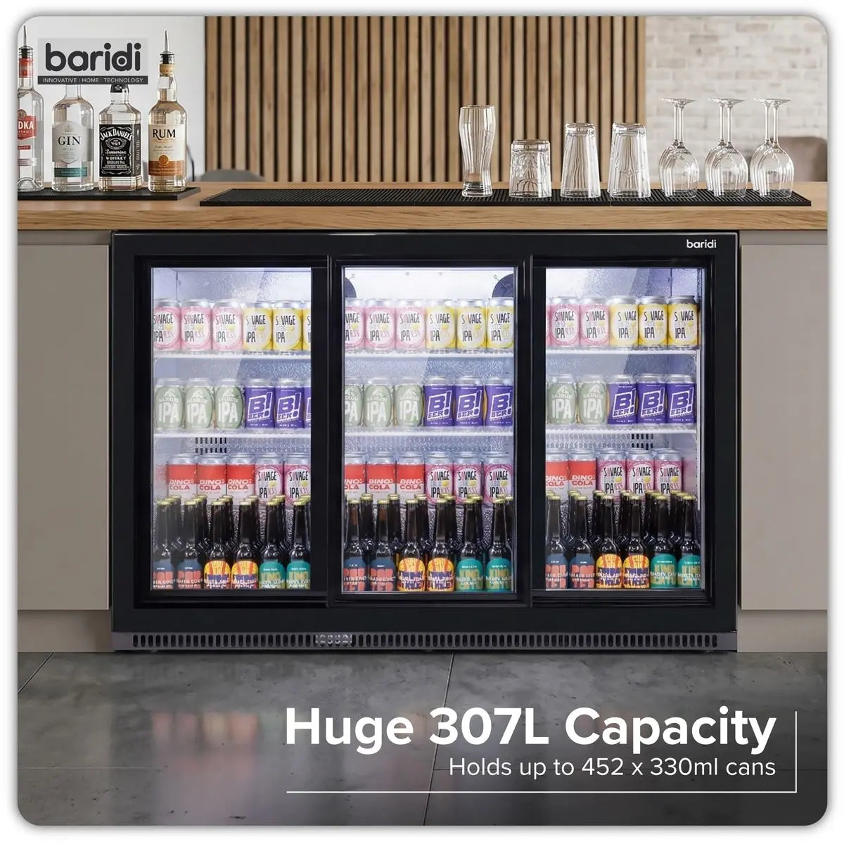 Baridi Sliding Triple Door, Back Bar Drinks Fridge/Cooler, 307L Capacity White Rose Tools