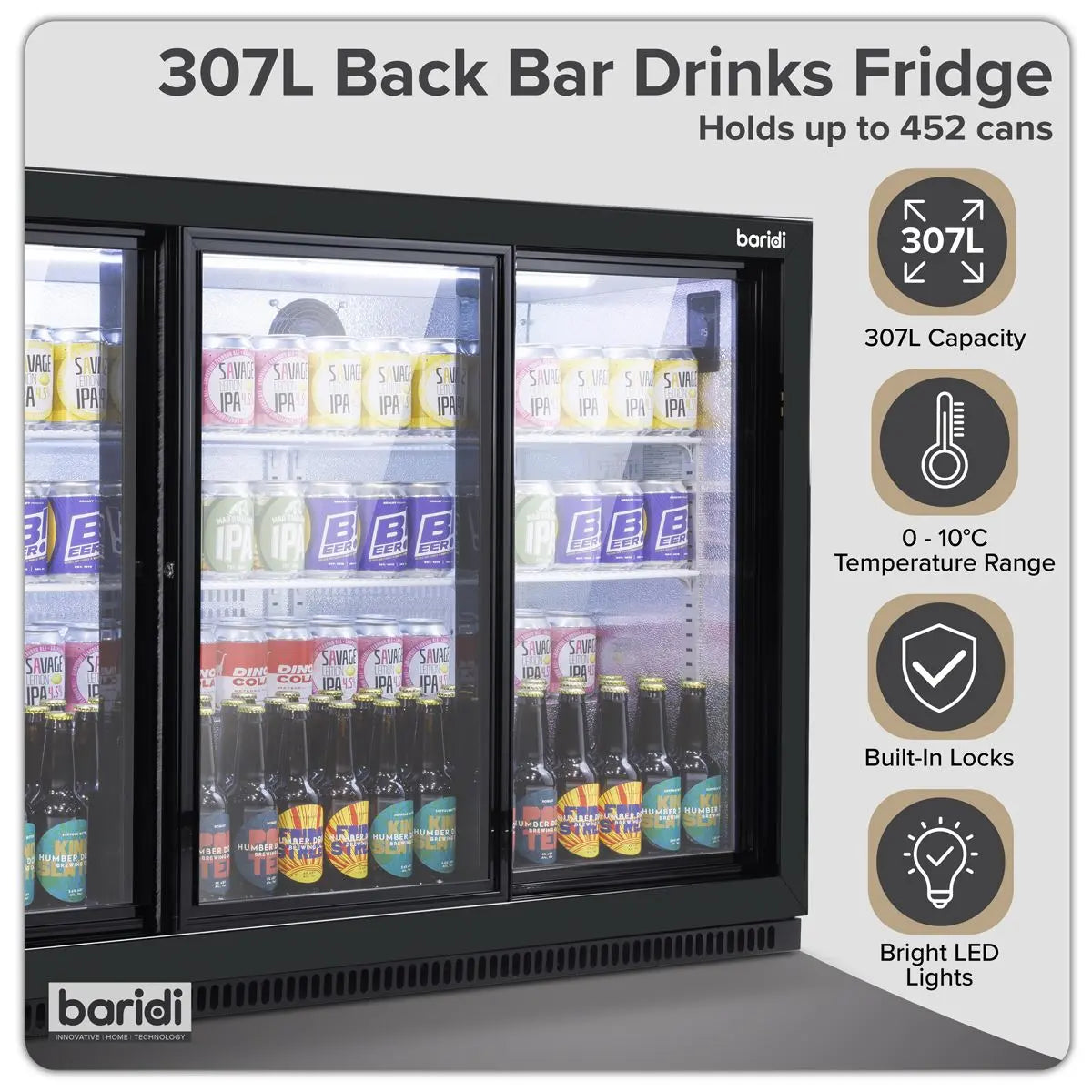 Baridi Sliding Triple Door, Back Bar Drinks Fridge/Cooler, 307L Capacity White Rose Tools