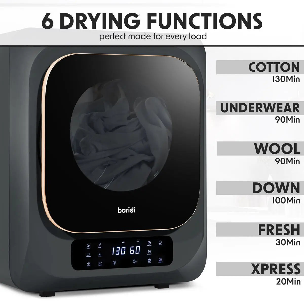 Baridi Small Tumble Dryer, Portable, 2.5kg, Vented, Perfect for Counter Top or Wall Mounted Use with Digital Controls, Compact, Black Mini Spin Dryer - DH229  White Rose Tools