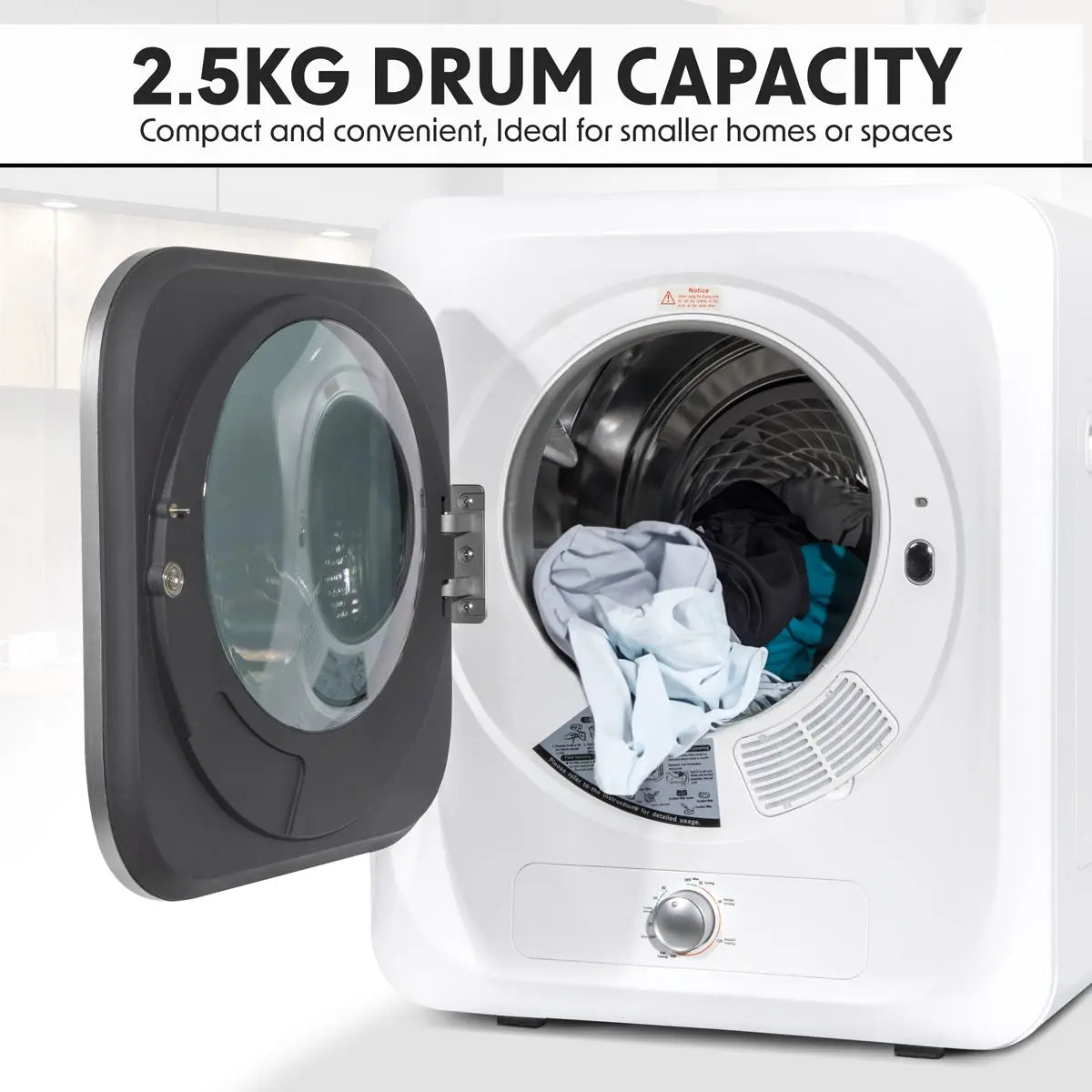 Baridi Small Tumble Dryer, Portable, 2.5kg, Vented, Perfect for Counter Top or Wall Mounted Use with Mechanical Controls, Compact, Mini Spin Dryer - DH192  White Rose Tools