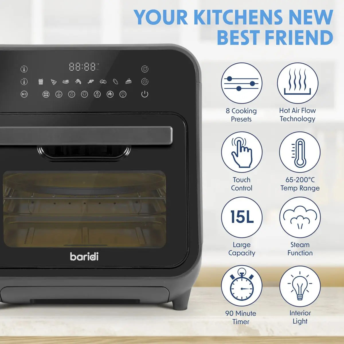 Baridi Steam Air Fryer Oven, Self-Cleaning, 8 Preset Programs, 1635W, 15L, Black White Rose Tools