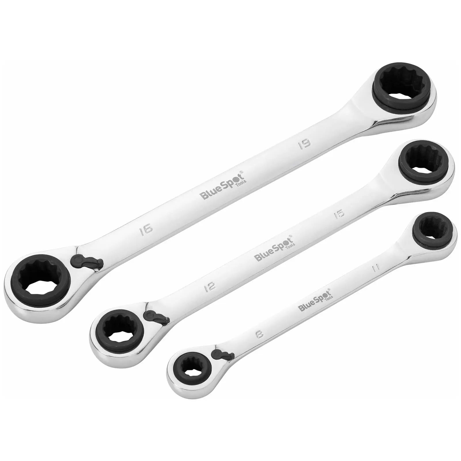 BlueSpot 4 in 1 Ratchet Ring Spanner Set 3 Piece 8-19mm White Rose Tools