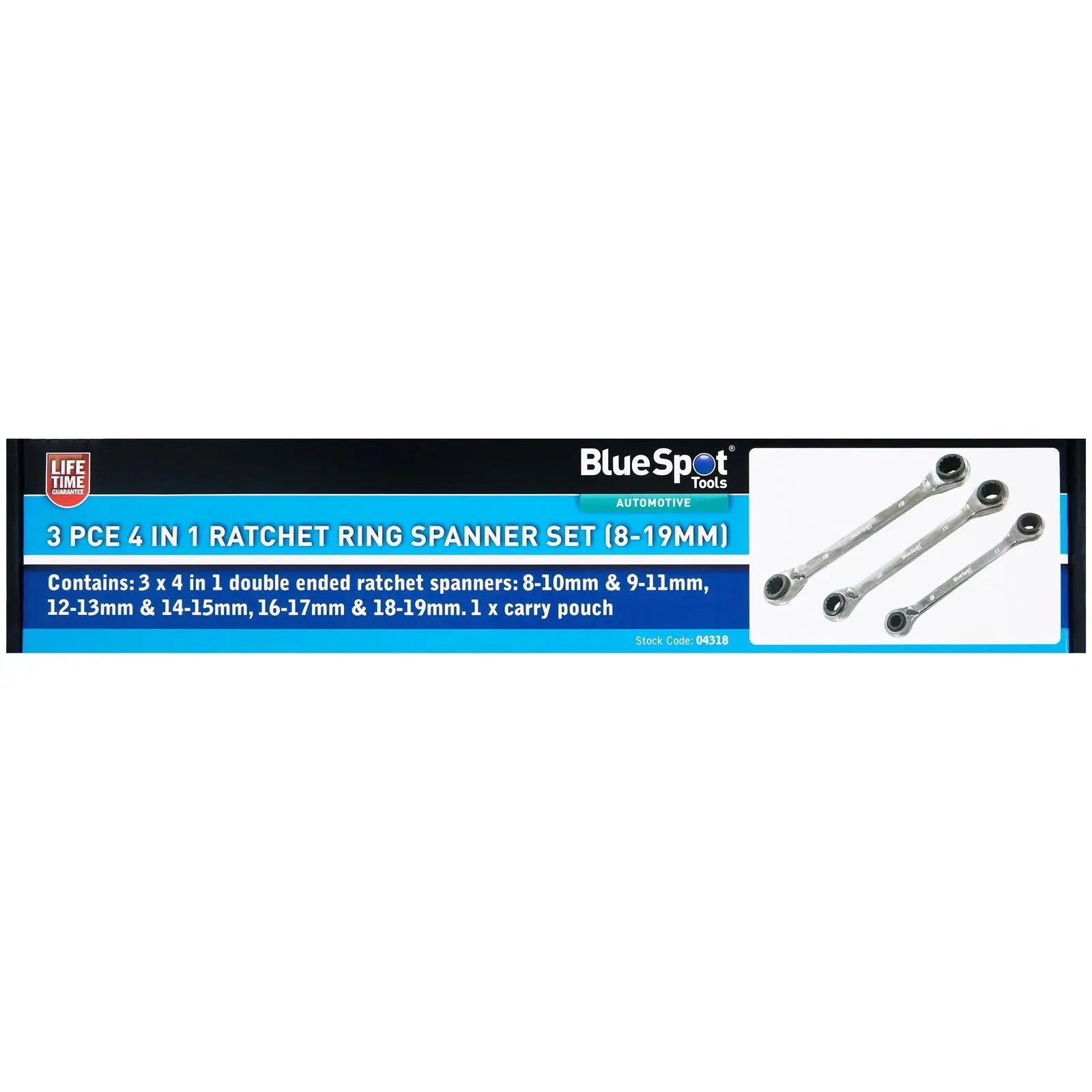 BlueSpot 4 in 1 Ratchet Ring Spanner Set 3 Piece 8-19mm White Rose Tools