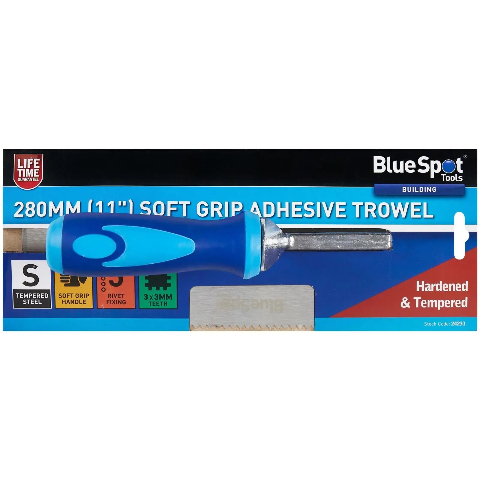 BlueSpot Adhesive Trowel Soft Grip 3 x 3mm Teeth 280mm White Rose Tools