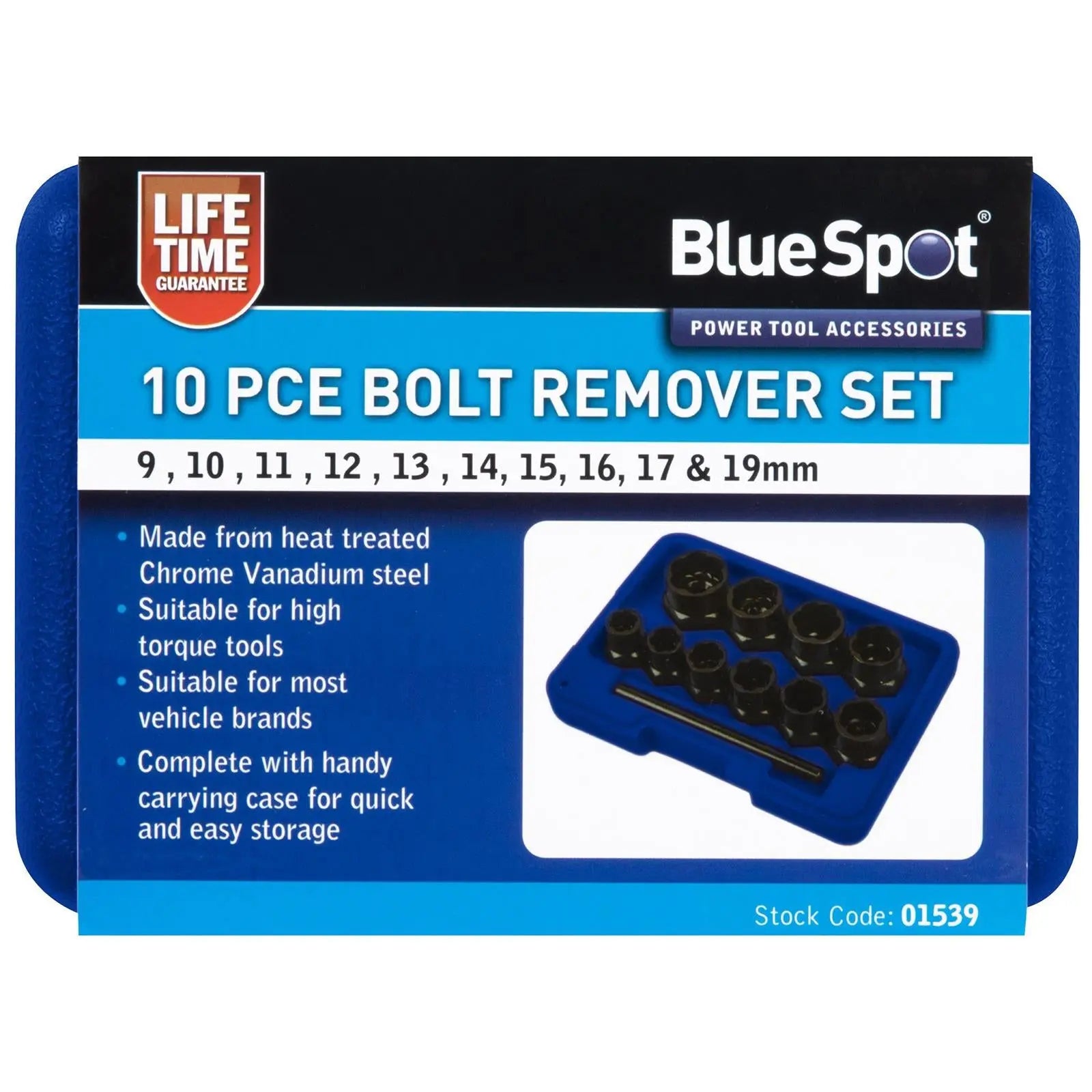 BlueSpot Bolt Remover Nut Extractor 3/8" 9-19mm Damaged Rounded Rusted Painted White Rose Tools