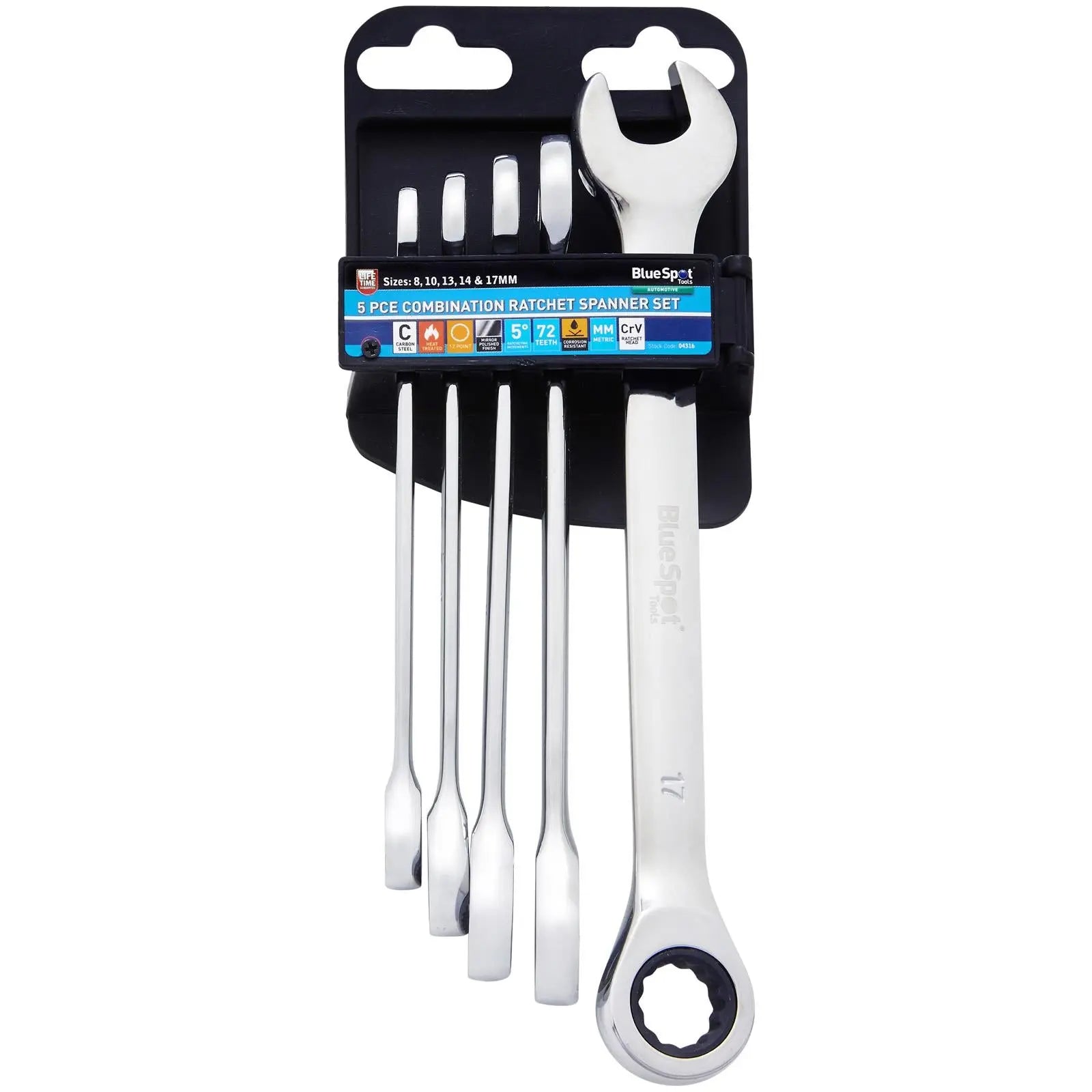 BlueSpot Combination Ratchet Spanner Set 8-17mm 5 Piece White Rose Tools