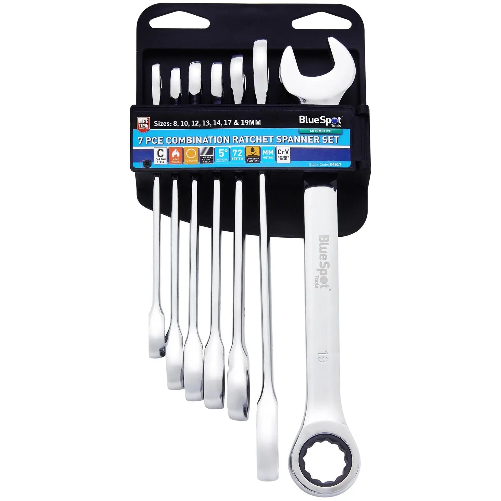 BlueSpot Combination Ratchet Spanner Set 8-19mm 7 Piece White Rose Tools