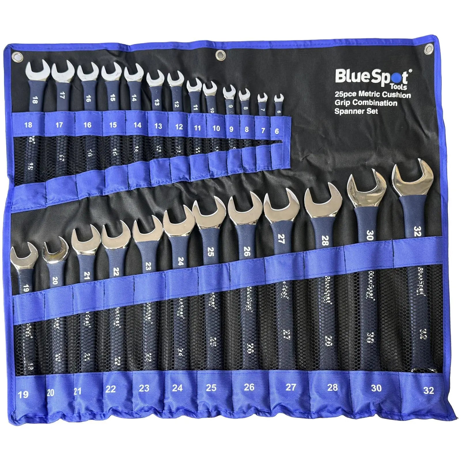 BlueSpot Combination Spanner Set Soft Grip 6-32mm in Tool Roll 26 Pieces White Rose Tools