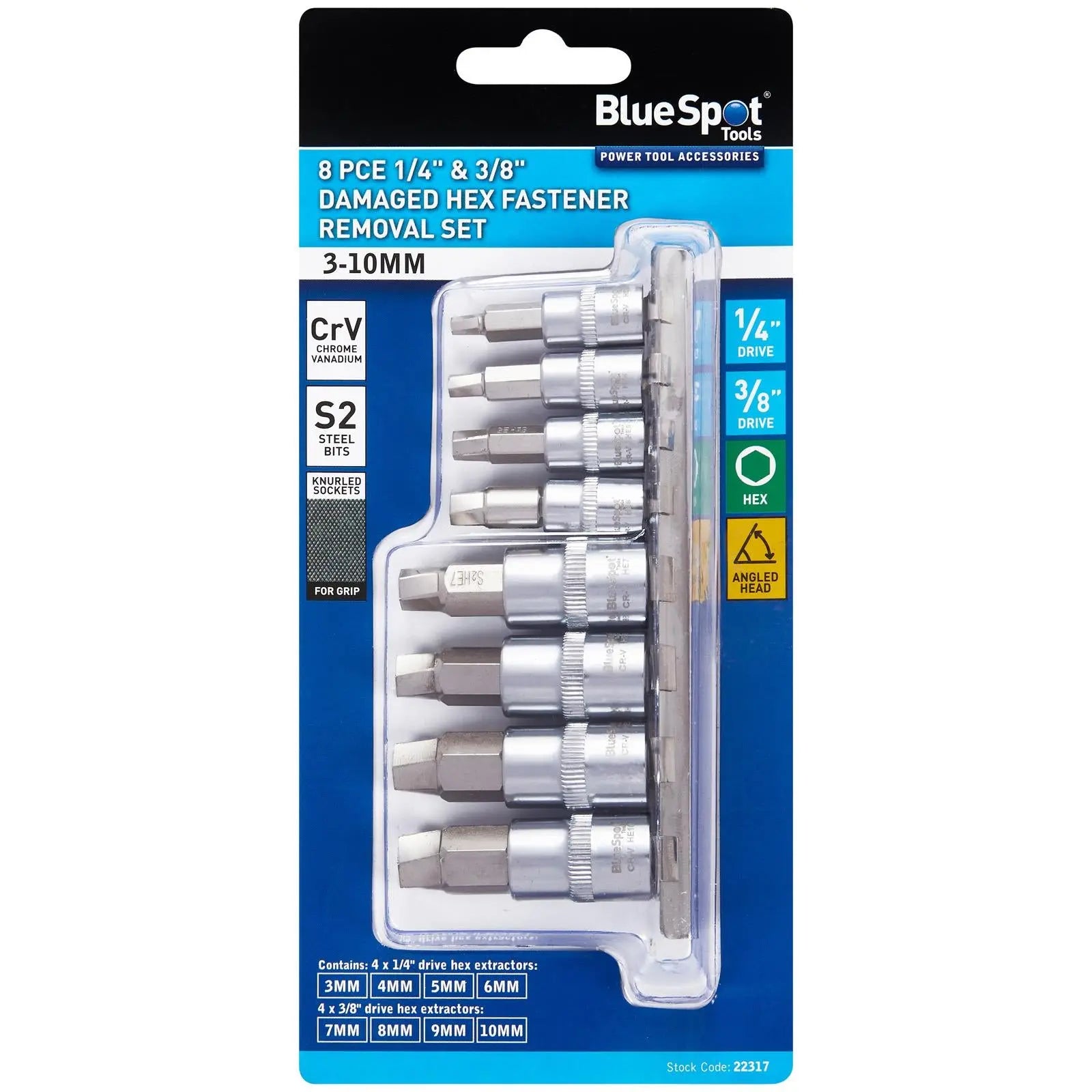 BlueSpot Damaged Hex Fastener Removal Set 1/4" and 3/8" Drive 8 Piece 3-10mm White Rose Tools