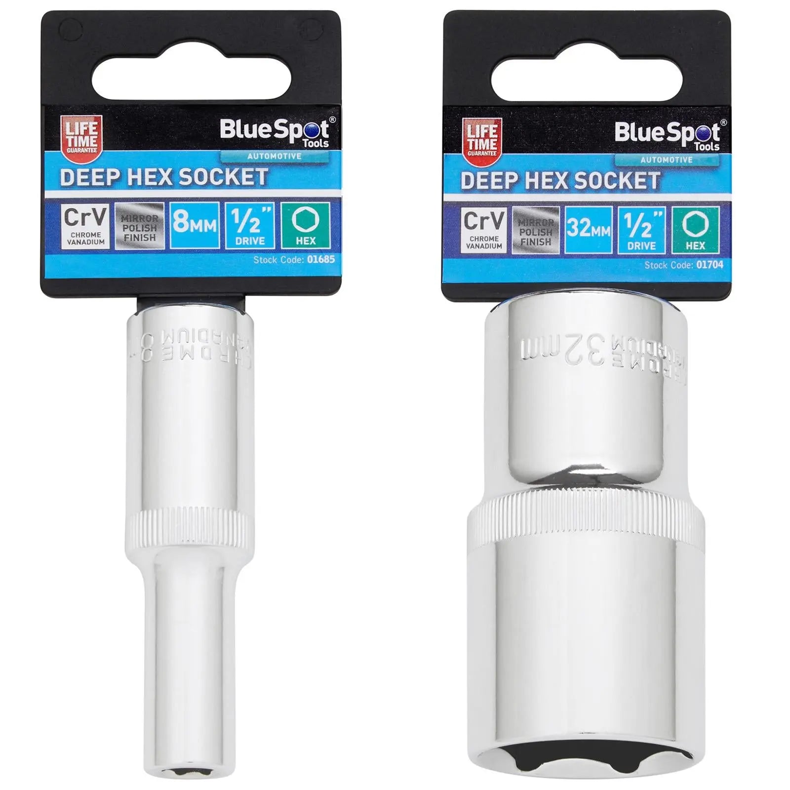 BlueSpot Deep Socket 1/2" Drive 6 Point Hex Chrome Individual 8-32mm - Choose Size White Rose Tools