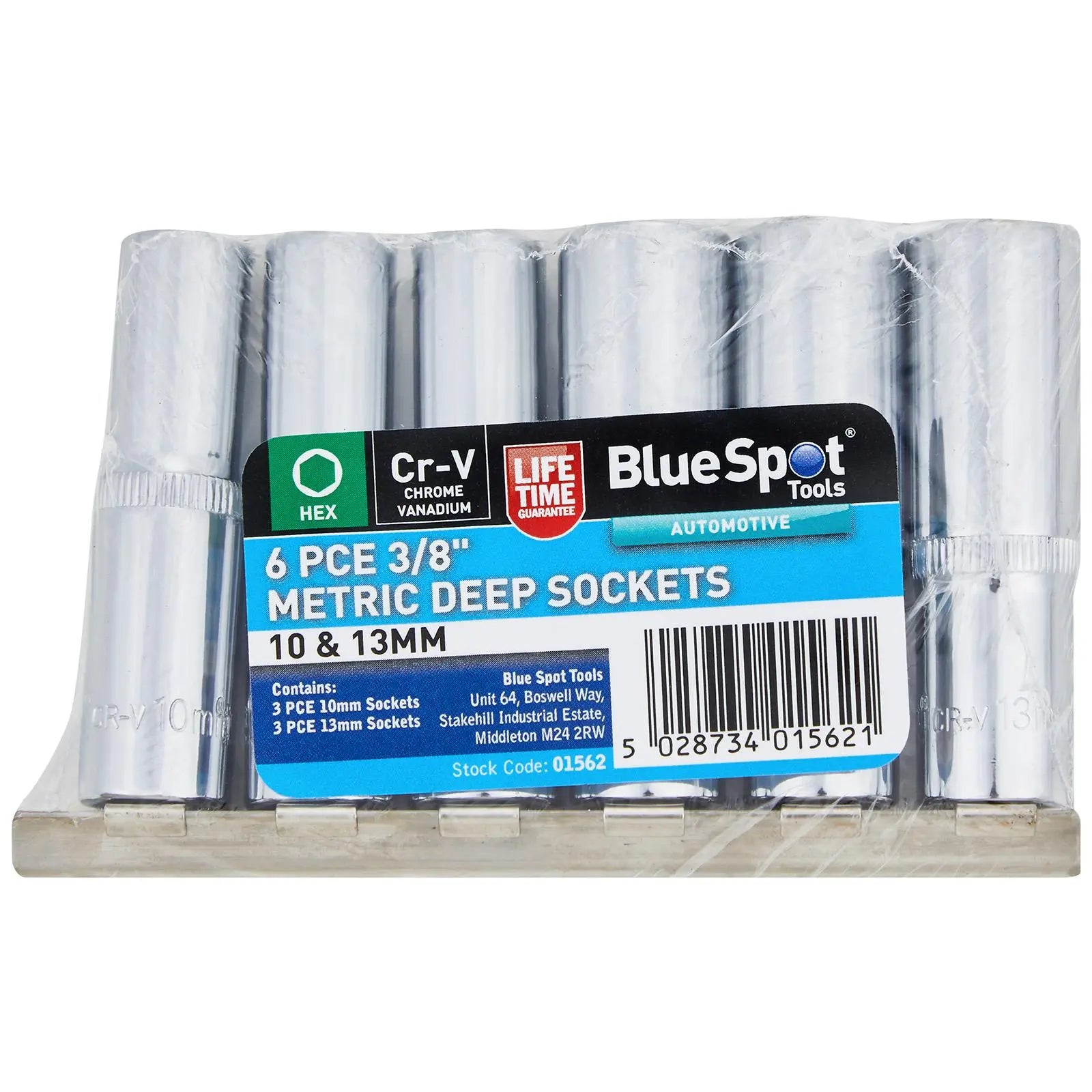 BlueSpot Deep Socket Set on Socket Rail 6 Piece 3/8" Drive Metric 10 and 13mm White Rose Tools