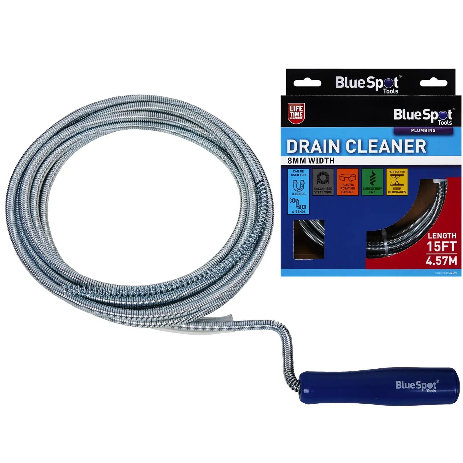 BlueSpot Drain Unblocker Cleaner 8mm x 4.57 meters 15 foot  White Rose Tools