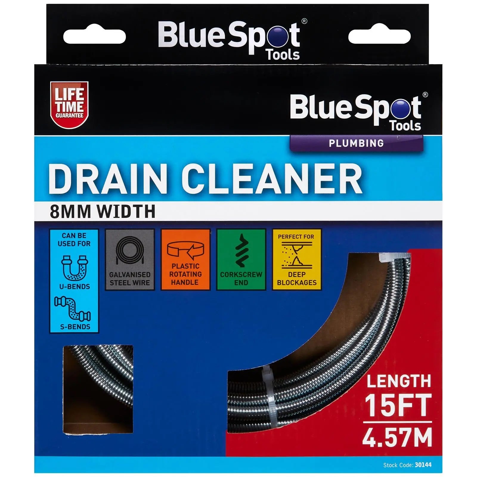 BlueSpot Drain Unblocker Cleaner 8mm x 4.57 meters 15 foot  White Rose Tools