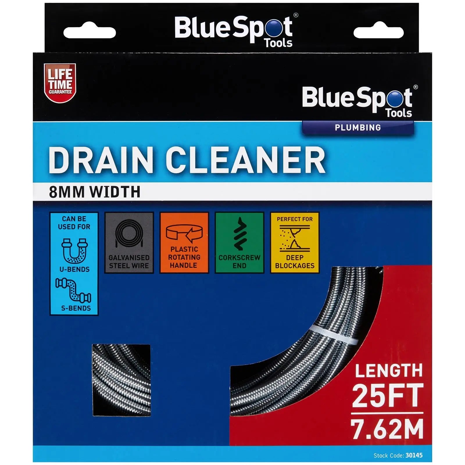 BlueSpot Drain Unblocker Cleaner 8mm x 7.62 meters 25 foot  White Rose Tools