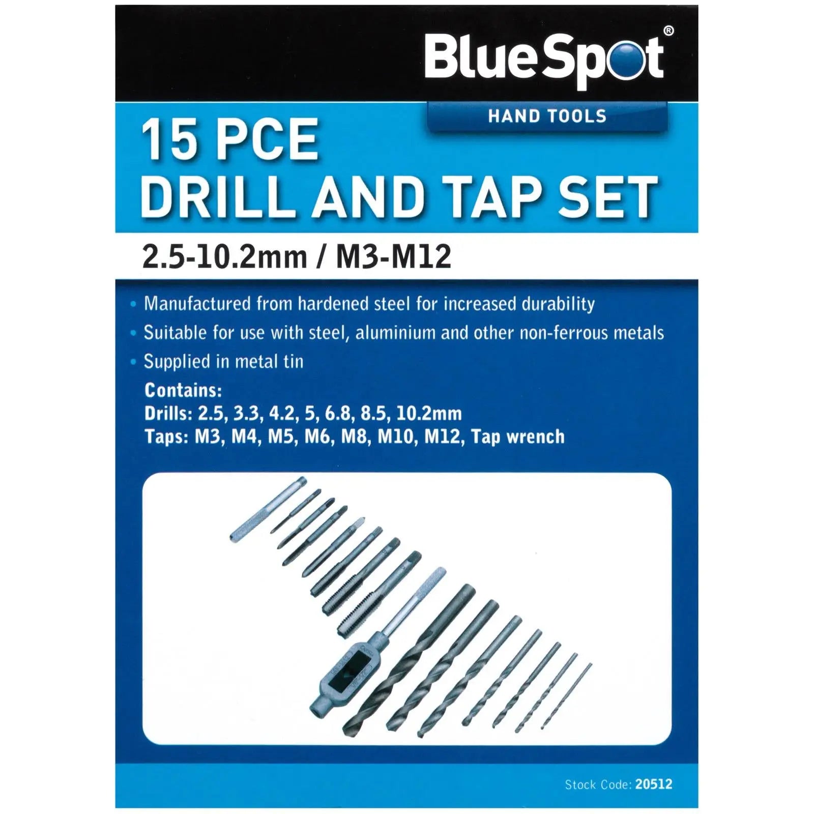 BlueSpot Drill and Tap Set M3-M12 15 Piece White Rose Tools