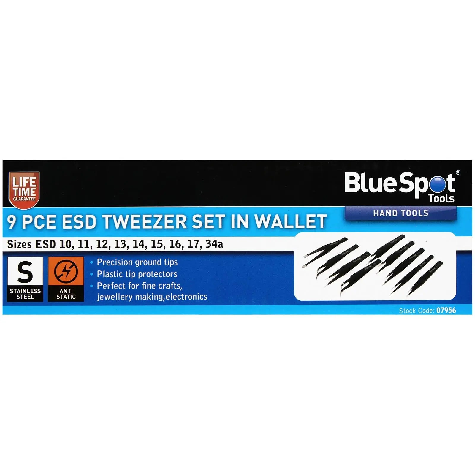 BlueSpot ESD Tweezer Set In Wallet 9 Piece  White Rose Tools