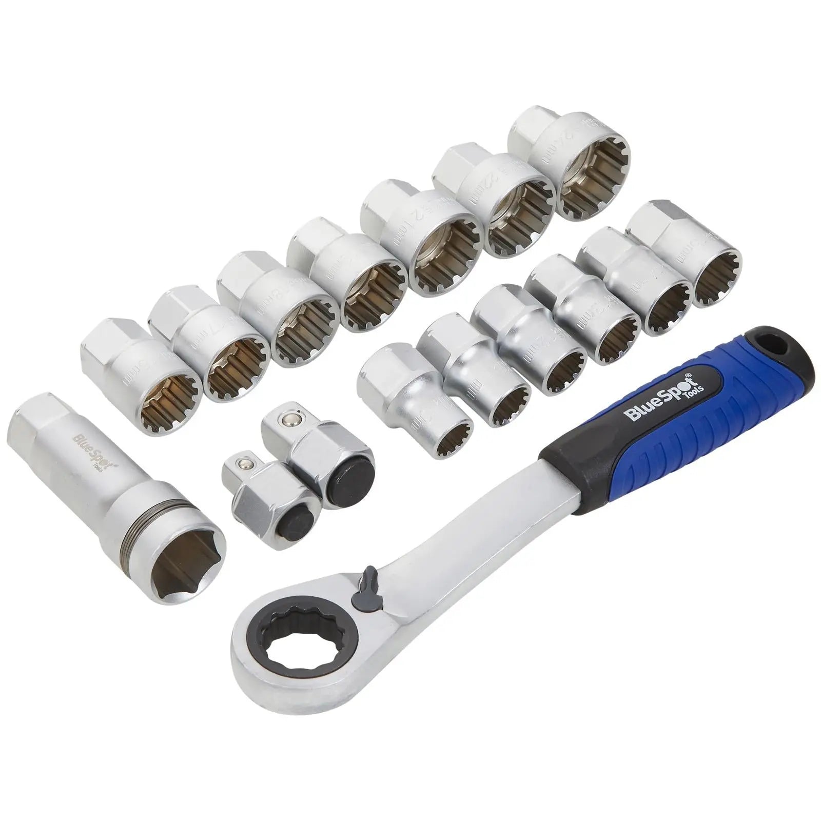 BlueSpot Go Through Multi Fit Socket Set 3/8" and 1/2" Drive 10-24mm 17 Piece White Rose Tools