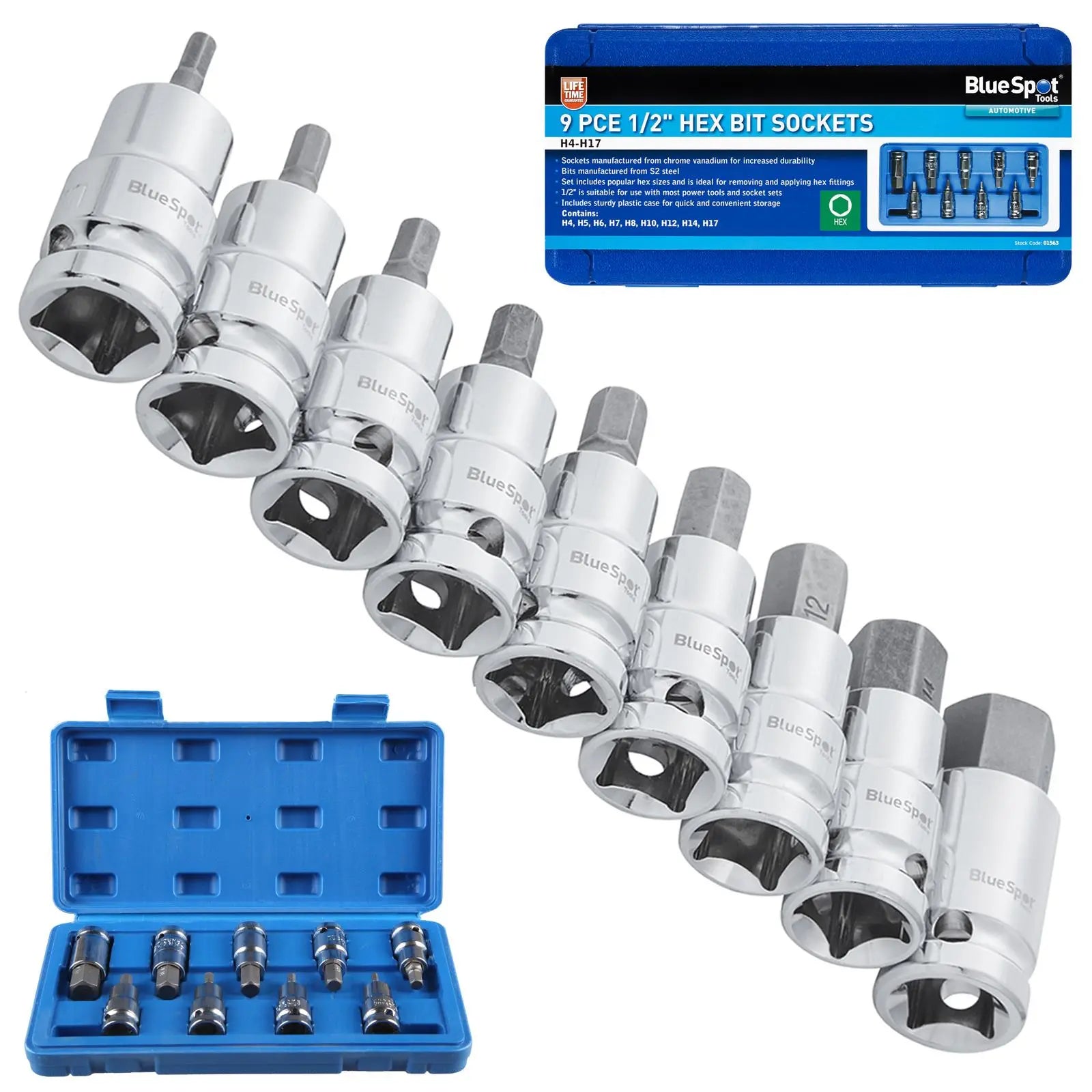 BlueSpot Hex Bit Socket Set 9 Piece 1/2" Drive 4-17mm S2 Steel