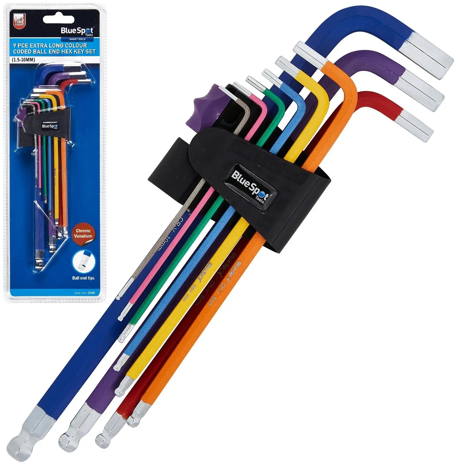 BlueSpot Hex Key Set Extra Long Colour Coded Ball End 1.5-10mm 9 Piece