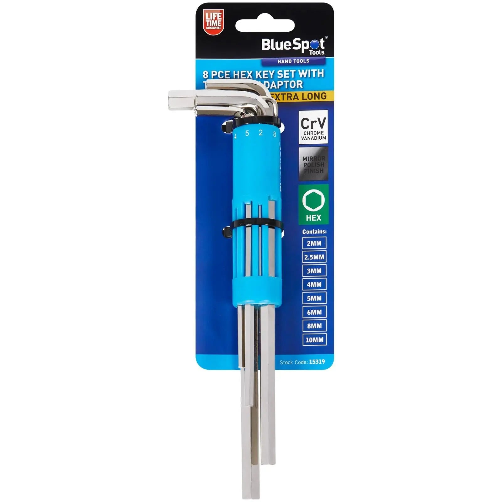 BlueSpot Hex Key Set with T-Handle Adaptor 8 Piece 2-10mm White Rose Tools