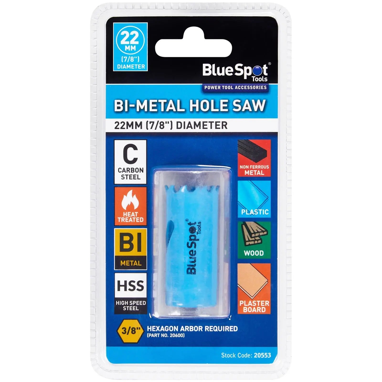 BlueSpot Hole Saw Bi-Metal 22mm HSS Teeth White Rose Tools