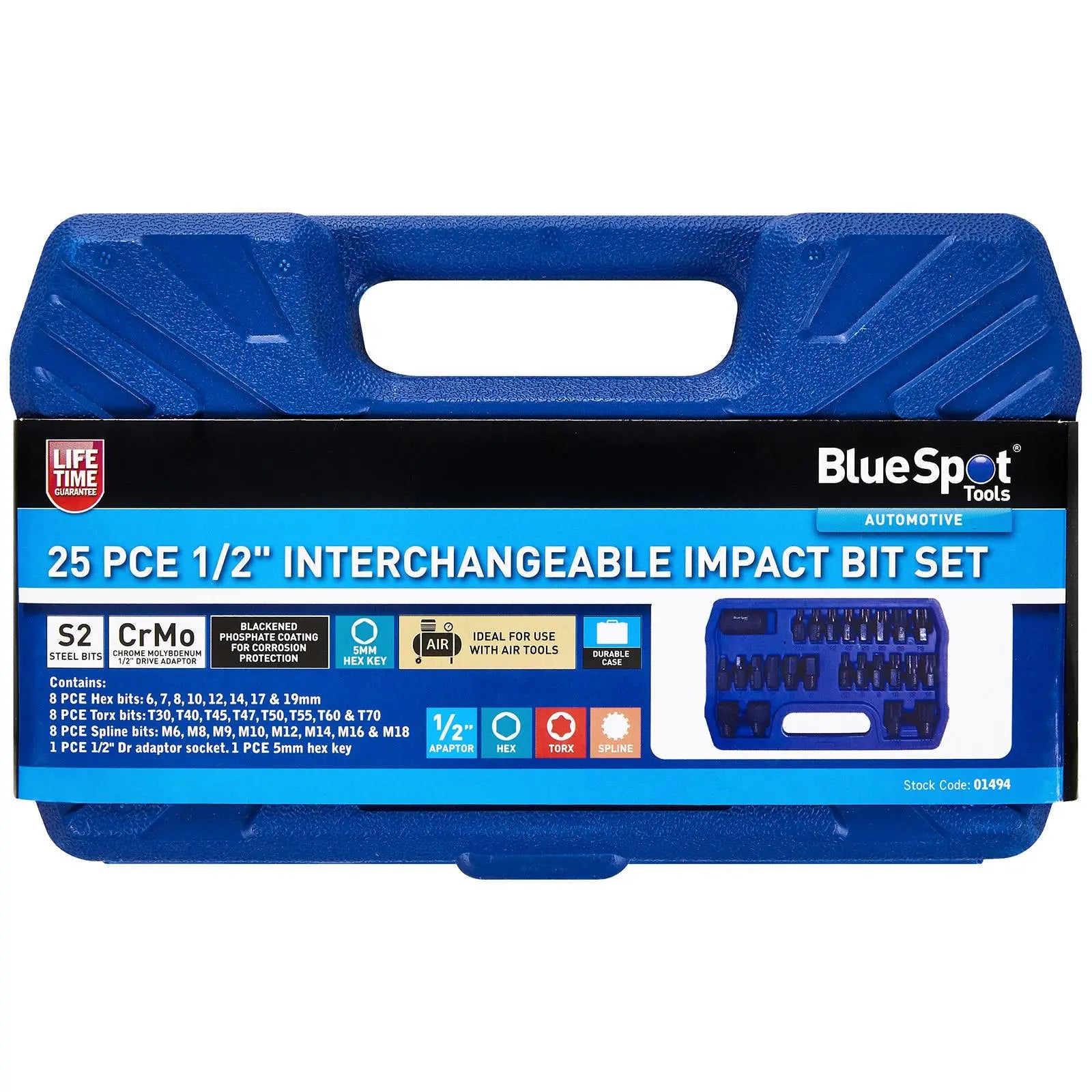 BlueSpot Impact Bit Set 1/2" Drive Hex 6-19mm Torx T30-T70 Spline M6-M18 25 Piece White Rose Tools