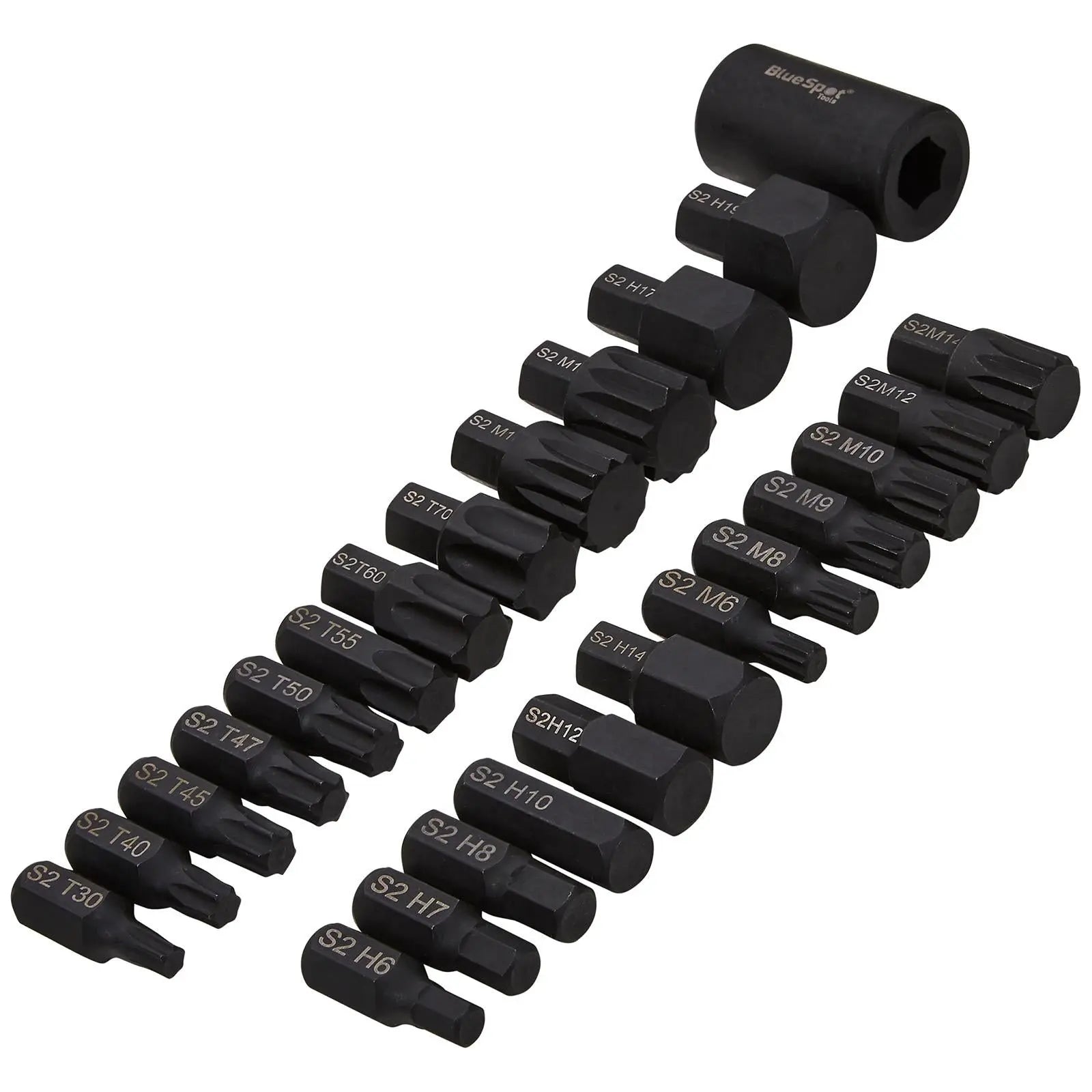 BlueSpot Impact Bit Set 1/2" Drive Hex 6-19mm Torx T30-T70 Spline M6-M18 25 Piece White Rose Tools