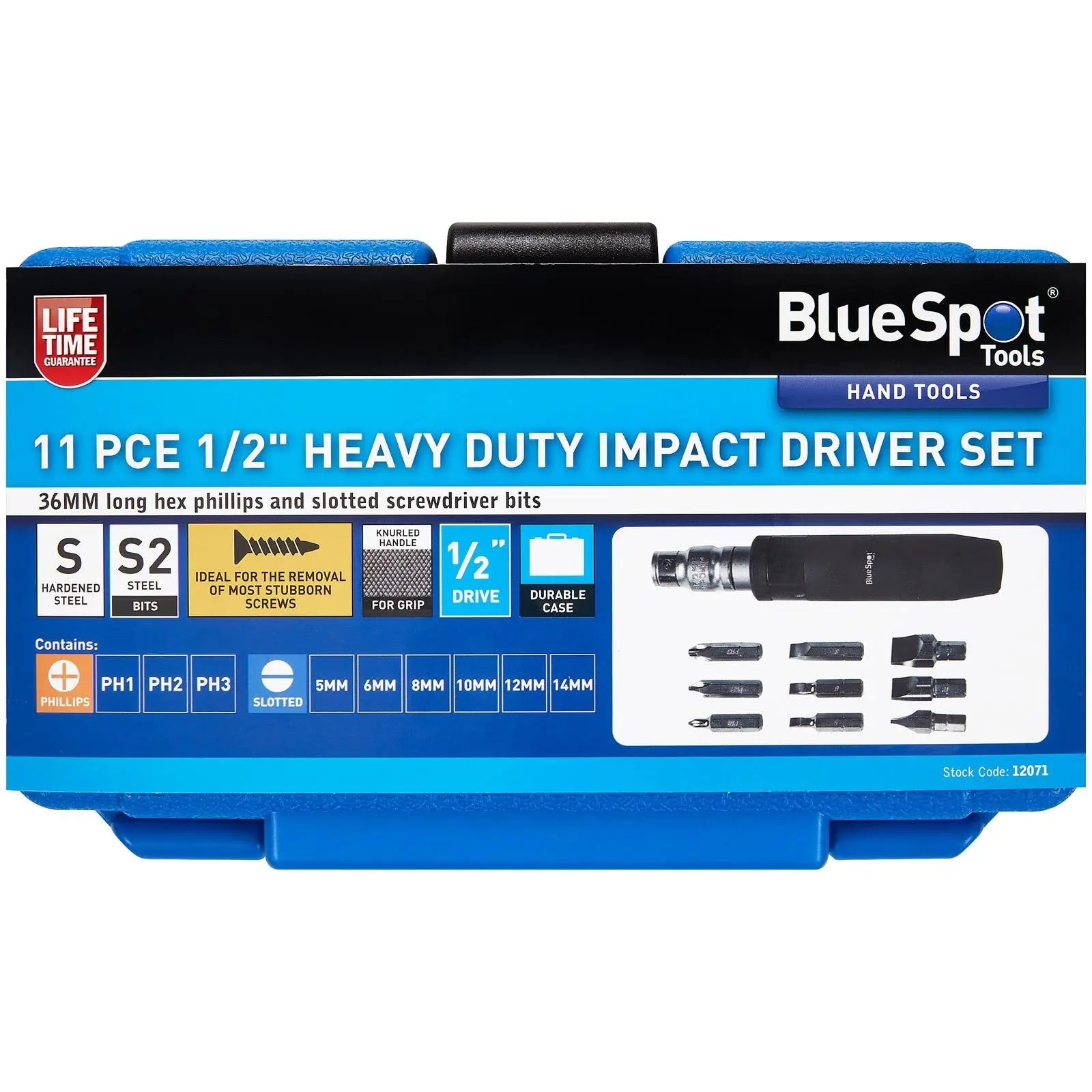 BlueSpot Impact Driver Set Heavy Duty in Case 1/2" Drive 11 Piece White Rose Tools