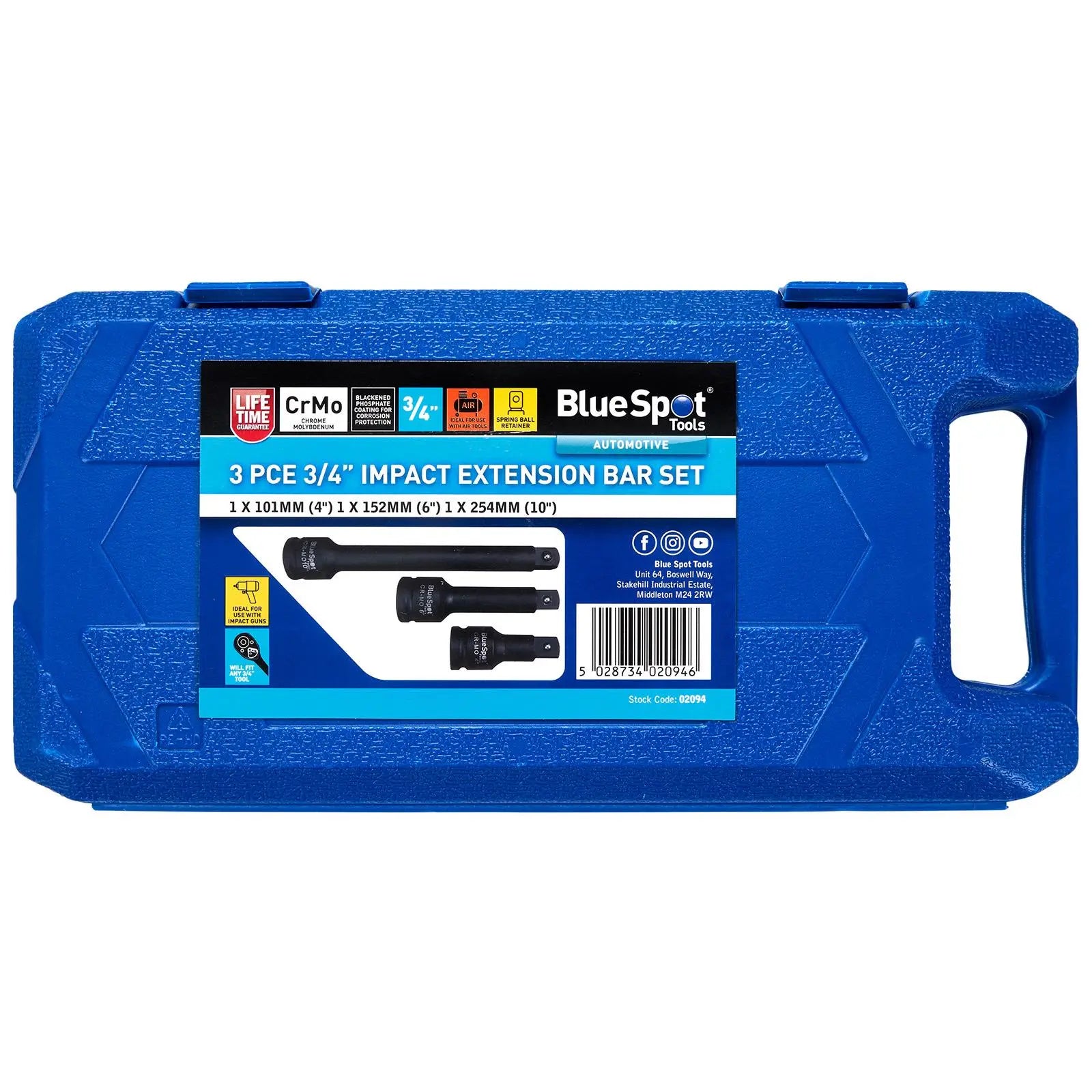 BlueSpot Impact Extension Bar Set 3/4" Drive 101mm 4" 152mm 6" 254mm 10" 3 Piece White Rose Tools