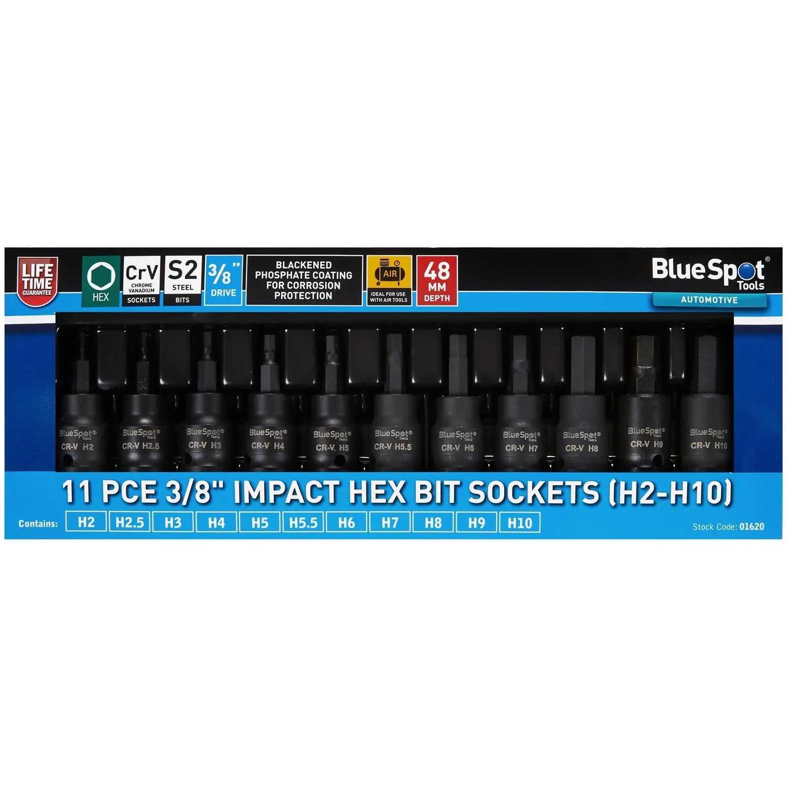 BlueSpot Impact Hex Socket Bit Set 3/8" Drive 2-10mm 11 Piece White Rose Tools