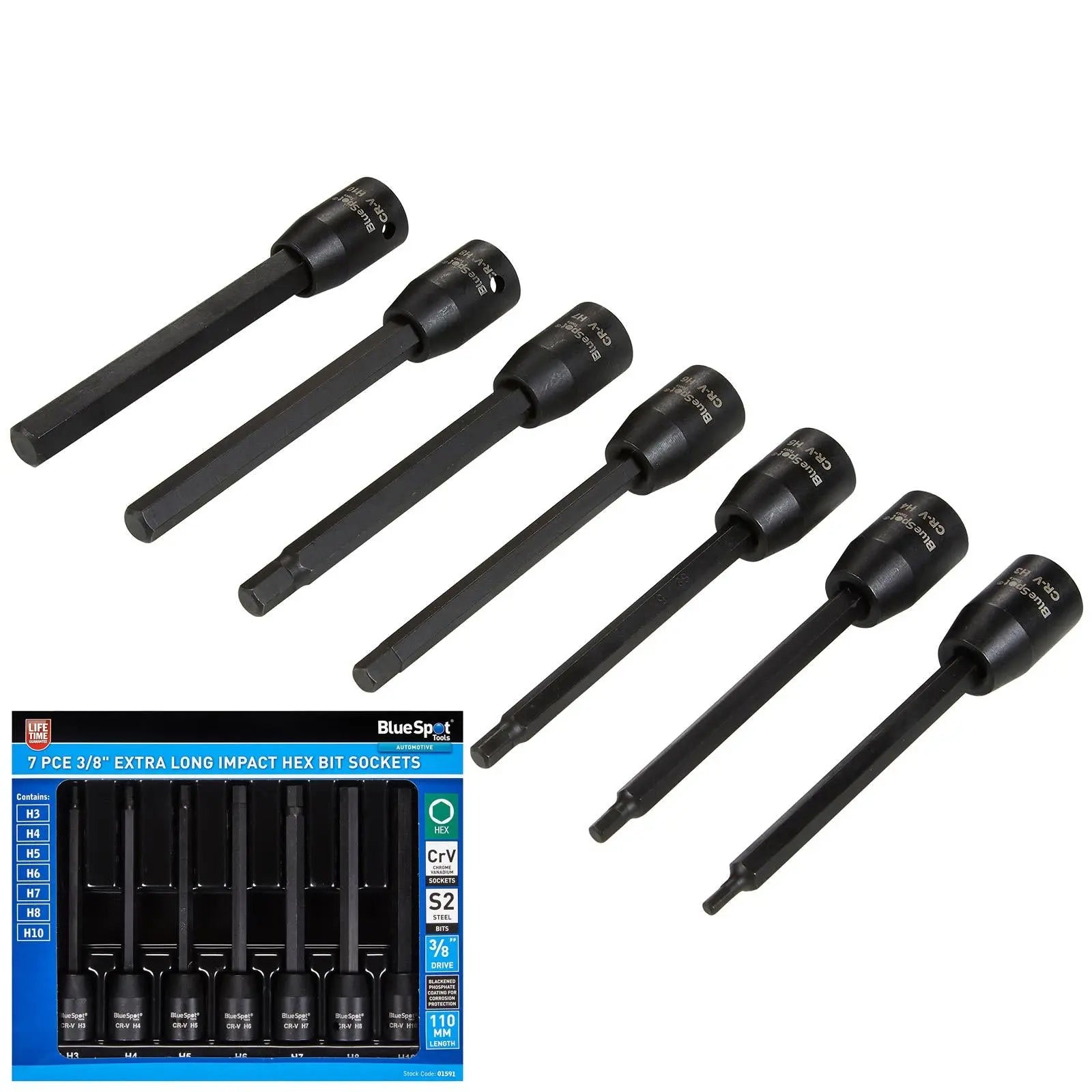 BlueSpot Impact Hex Socket Set Extra Long 110mm 3/8" Drive 3-10mm 7 Piece White Rose Tools
