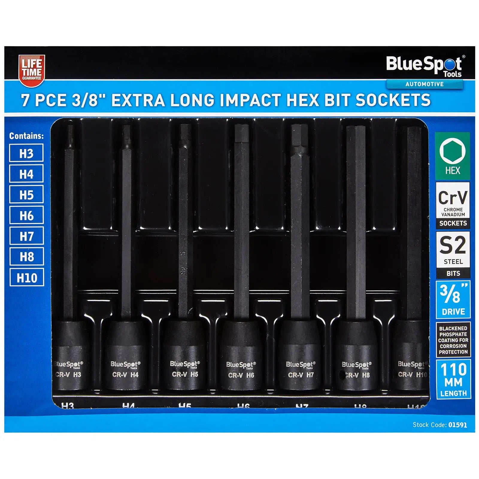 BlueSpot Impact Hex Socket Set Extra Long 110mm 3/8" Drive 3-10mm 7 Piece White Rose Tools