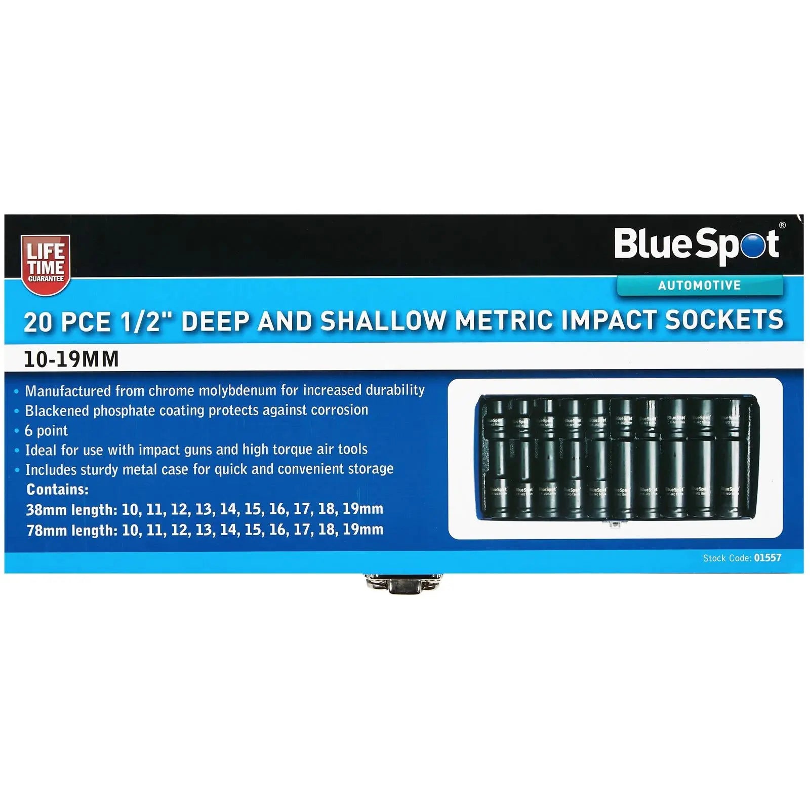 BlueSpot Impact Socket Set Shallow Deep 1/2" Drive 10-19mm 20 Piece White Rose Tools